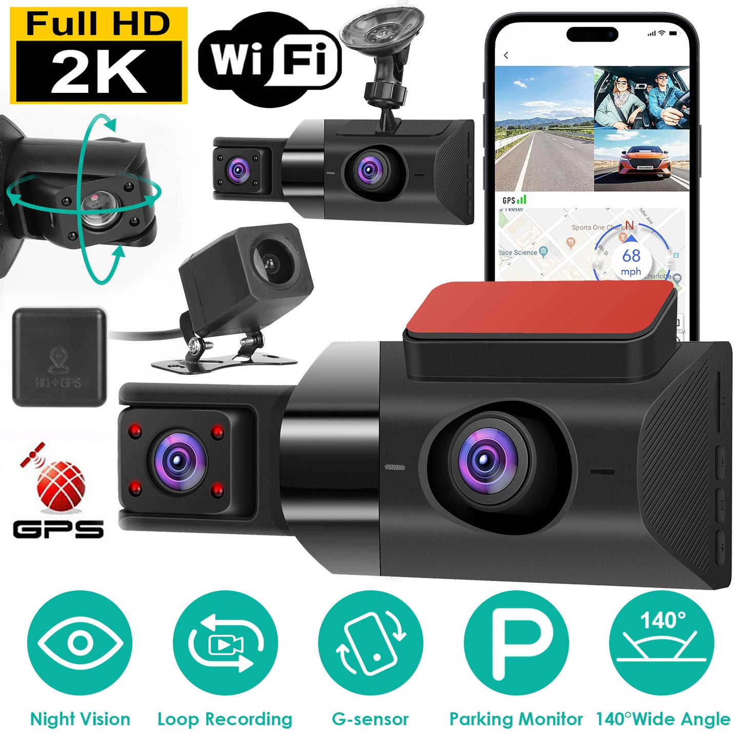2K Car DVR 3 Channel Dash Cam Camcorder Camera Recorder with 140¡ Angle GPS WiFi Night Vision G-sensor Loop Recording Parking Monitor