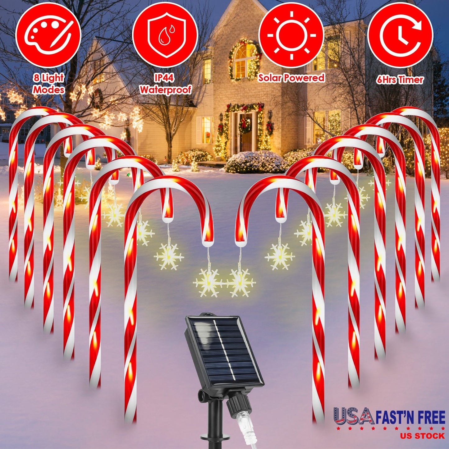Solar Christmas Candy Cane Lights with 12 Candies 72LEDs Outdoor Christmas Decorations IP44 Waterproof Flickering Pathway Markers String Lights with 8