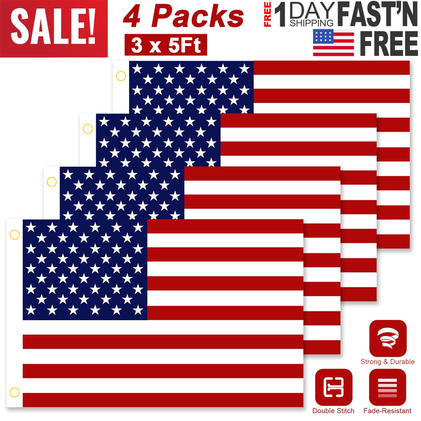 4 Pcs 3 x 5 Ft American US Flags Vivid Color and UV Fade Resistant Canvas Header Double Stitched with Brass Grommets for Indoor Outdoor