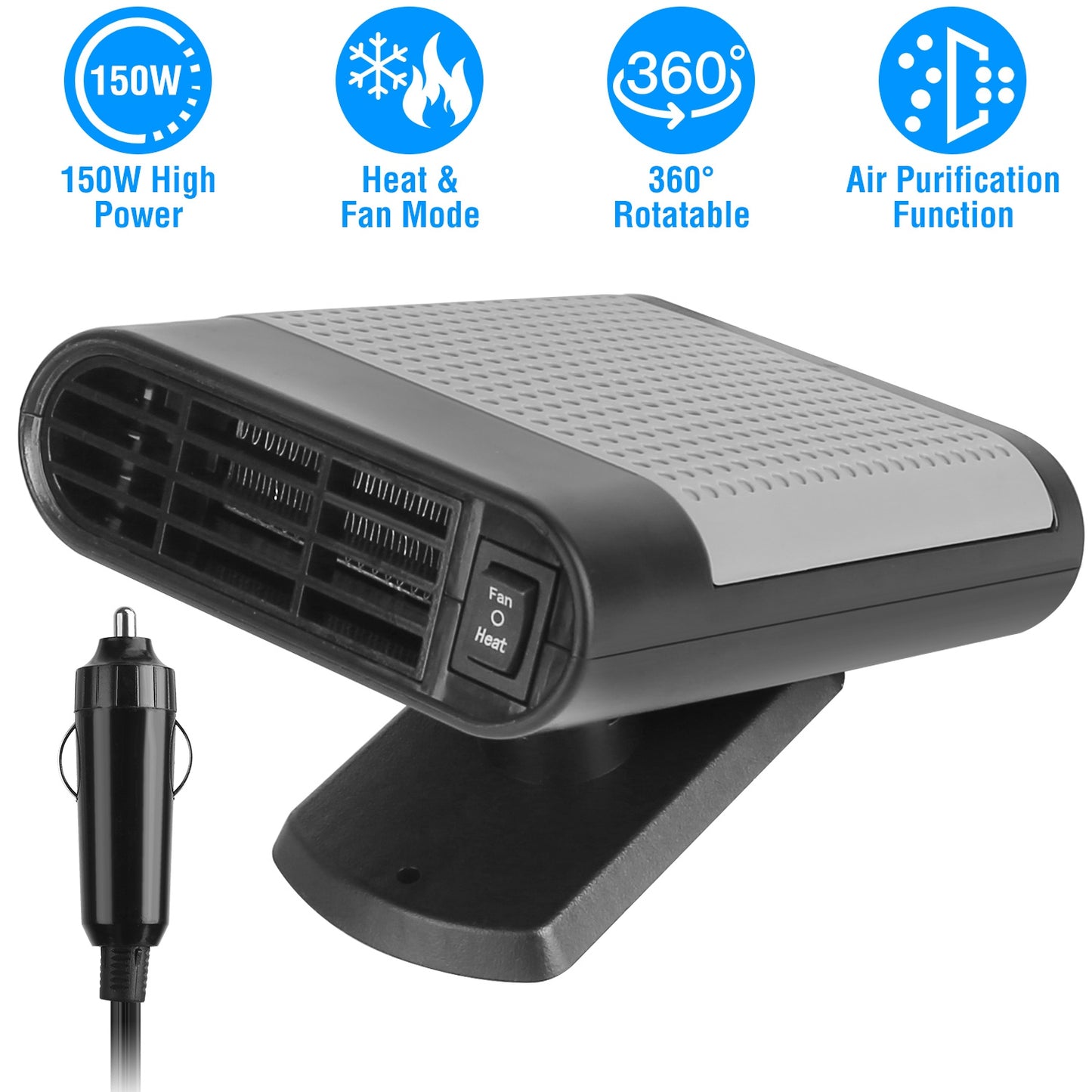 12V 150W Portable Car Heater Heating Fan 2 In 1 Defroster Defogger Demister Windshield Heater Automotive Cooling Fan with Air Purification 360¡ Rotati