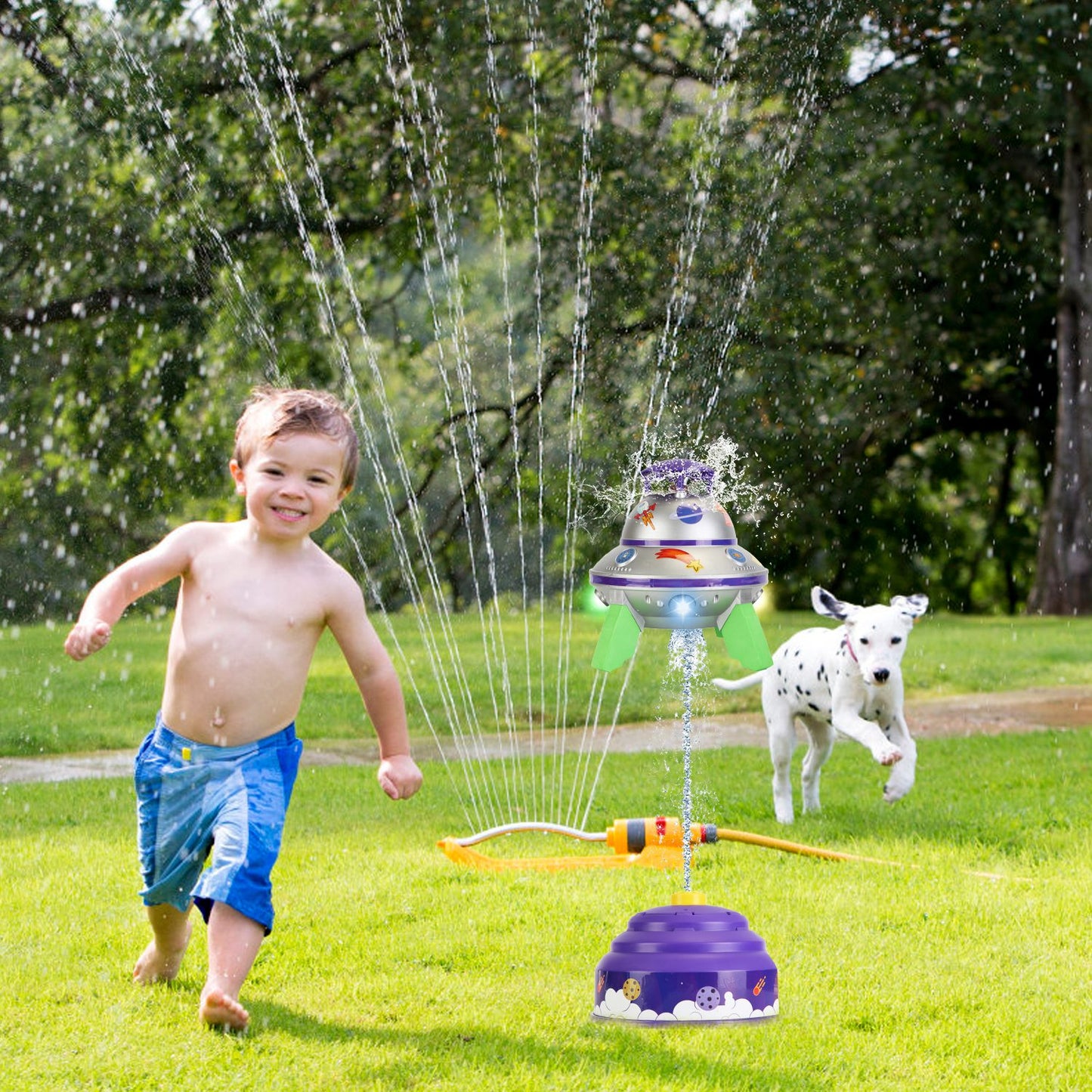 UFO Water Sprinkler Outdoor Summer Rocket Toy With Colorful LED Lights 360¡ Spinning 1.64FT To 6.56FT Adjustable Height Birthday Summer Gift For Girls