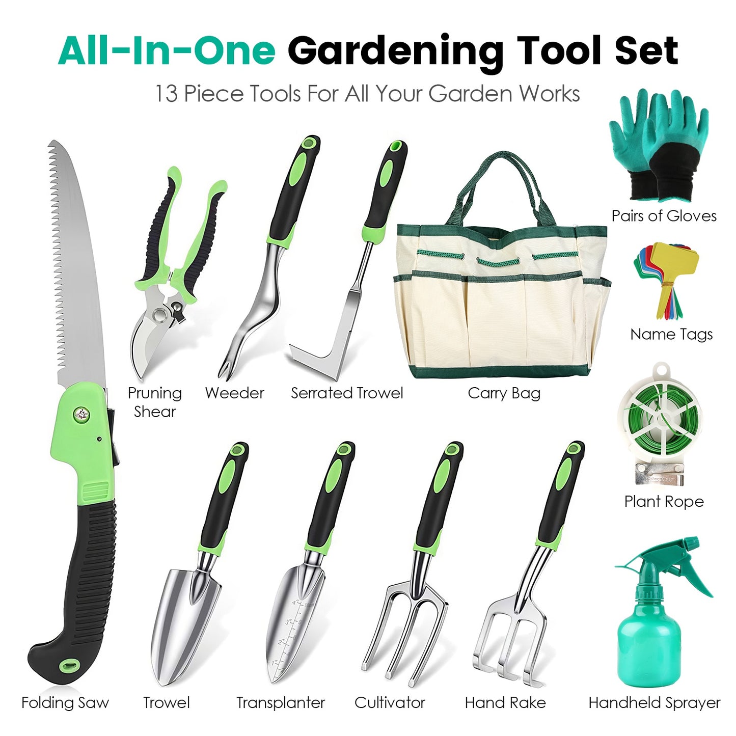 13Pcs Garden Tool Set Aluminum Alloy Gardening Hand Tools Starter Kit With Garden Bag Heavy Duty Outdoor Hand Tools With Non-Slip Ergonomic Handle For