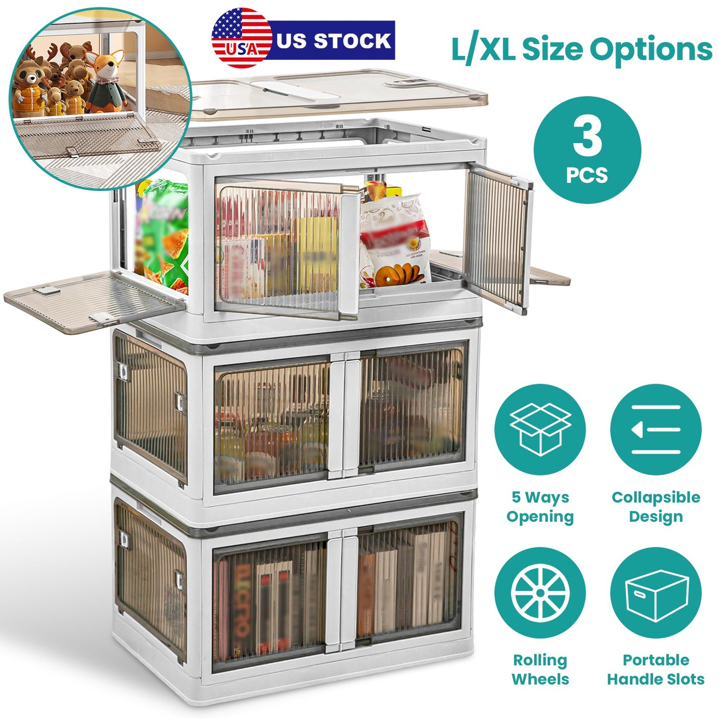 3Pcs Foldable Storage Bins with Lid 4 Doors Collapsible Stackable Closet Organizer Containers with Lock 4Pcs Wheels