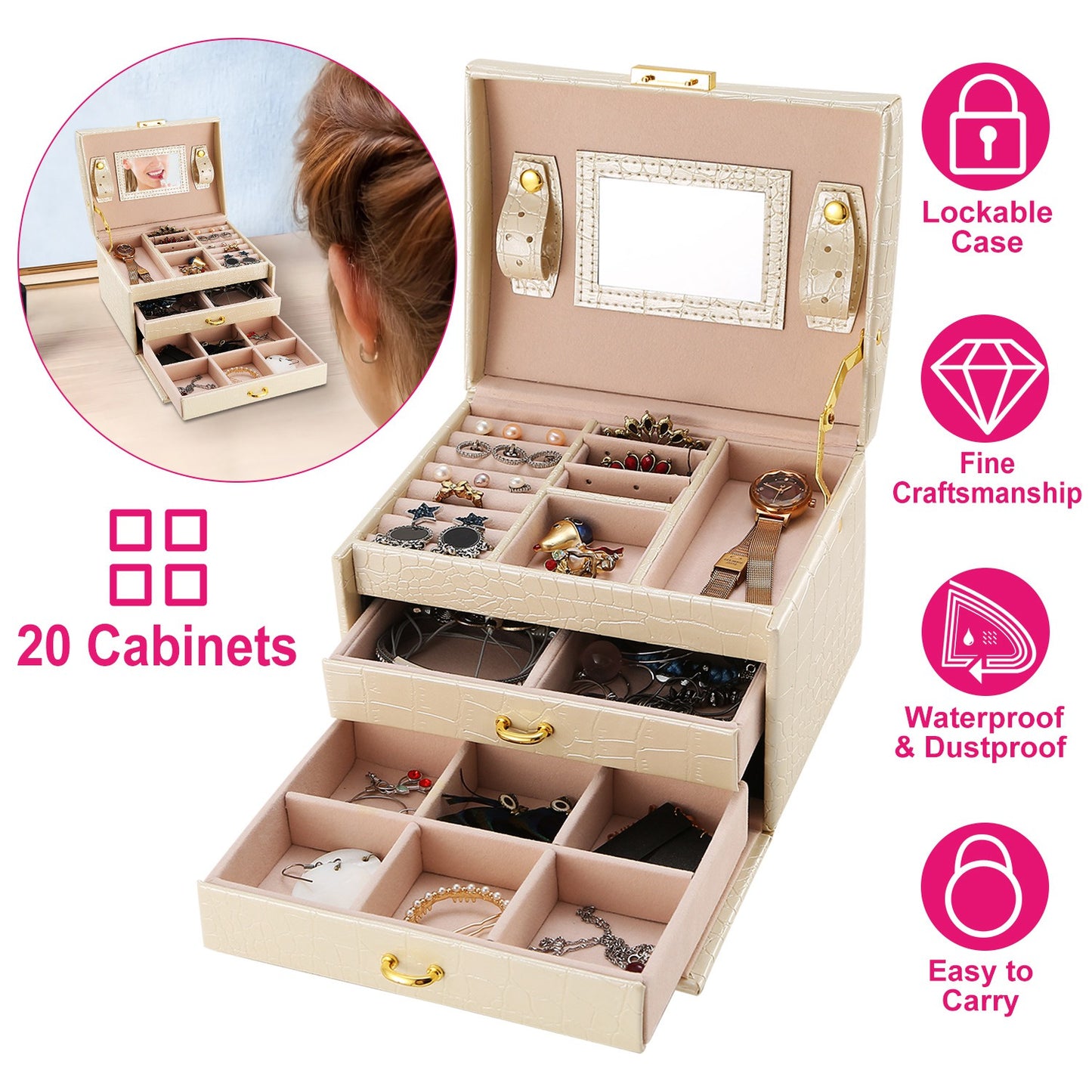 Jewelry Case Organizer 3-layer Lockable Travel Jewelry Box PU Leather Storage Display Case with Mirror Protective for Bracelets Earrings Rings Necklac
