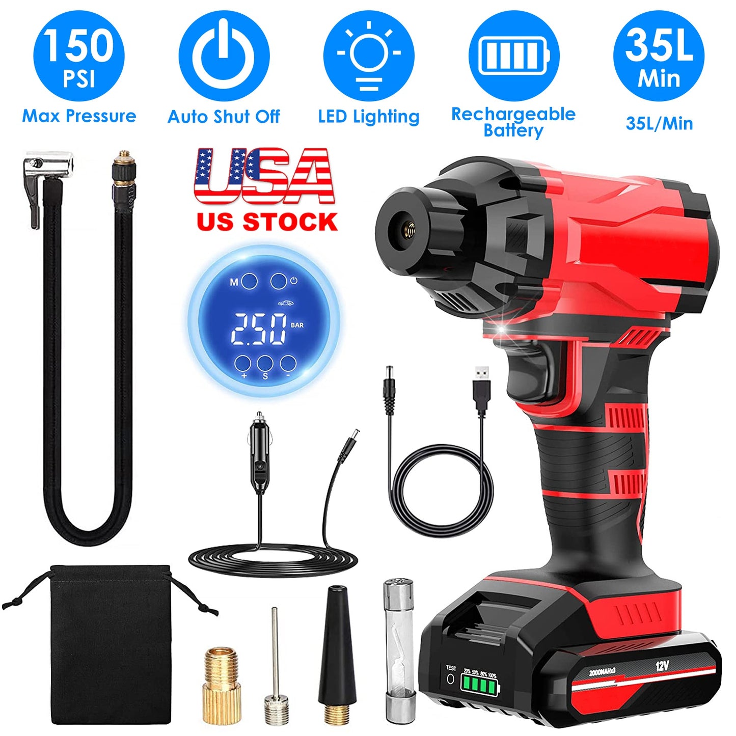 150PSI Cordless Car Tire Pump Rechargeable Tire Inflator 12V Portable Electric Air Compressor with LED Light for Car Bike Motorcycle Ball