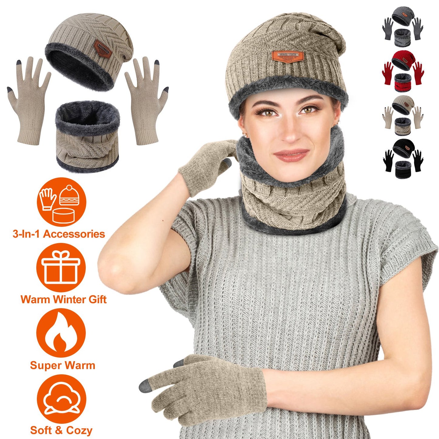 Winter Knitted Hat Scarf Gloves 3Pcs Winter Warm Beanie and Touch Screen Gloves Scarf Set Knit Beanie Skull Cap Neck Warmer Mittens for Men Women