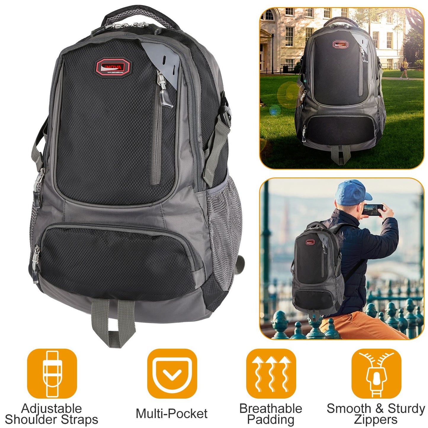 Unisex School Backpack Casual Travel Shoulder Bag W/ Adjustable Straps Dual-Water Bottle Pouch Multiple Zippered Pockets For Gym Sports Travel School