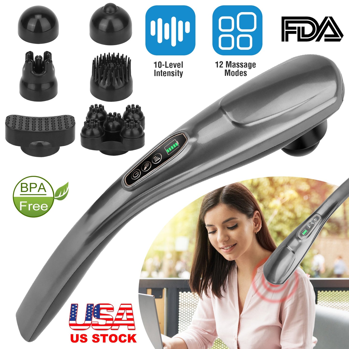 Cordless Handheld Back Massager Deep Tissue Rechargeable Electric Massager w/ 12 Modes 10 Intensity 6 Interchangeable Nodes For Muscle Foot Neck Shoul