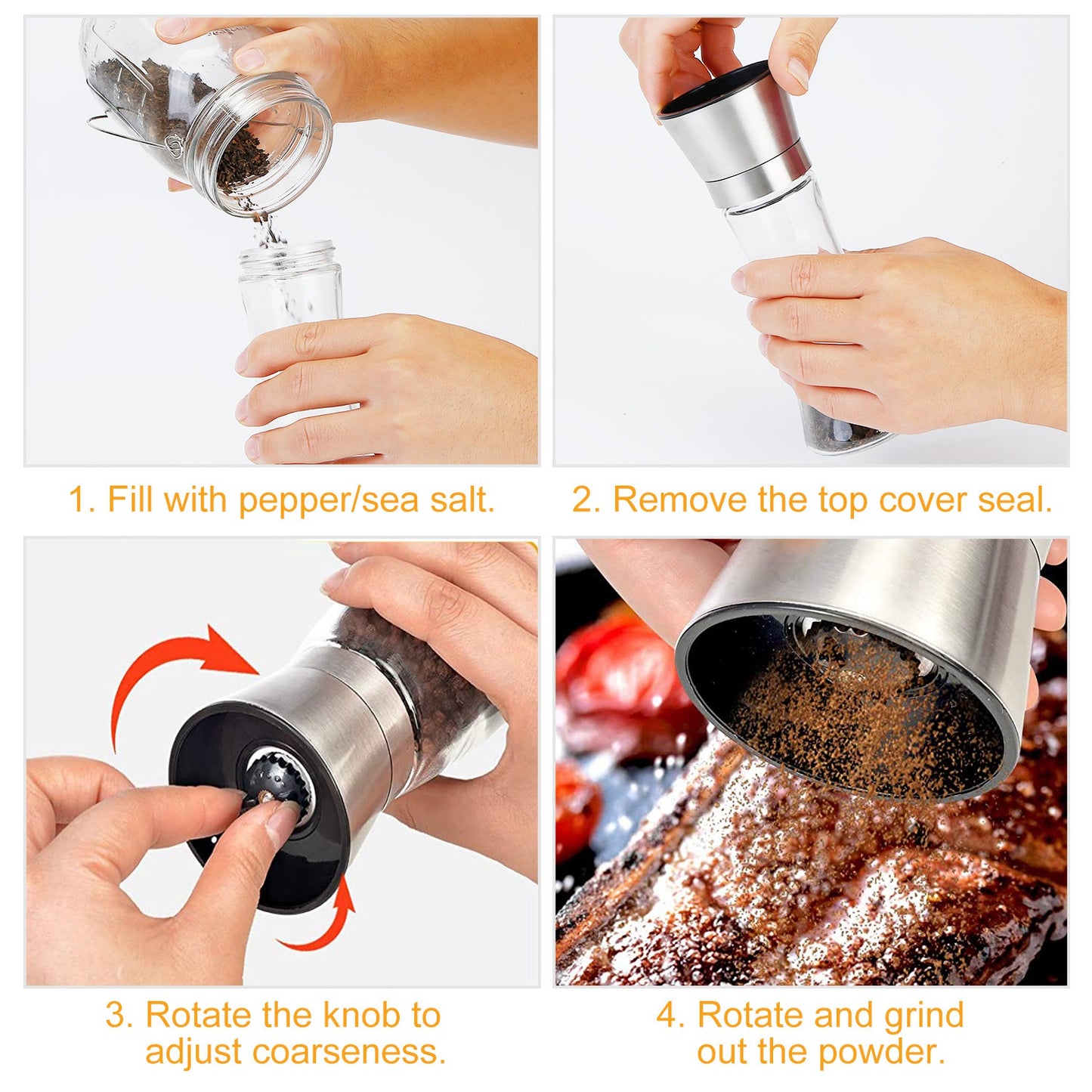 Stainless Steel Salt Pepper Grinder Tall Glass Sea Salt & Pepper Mill Shaker w/ Adjustable Coarseness