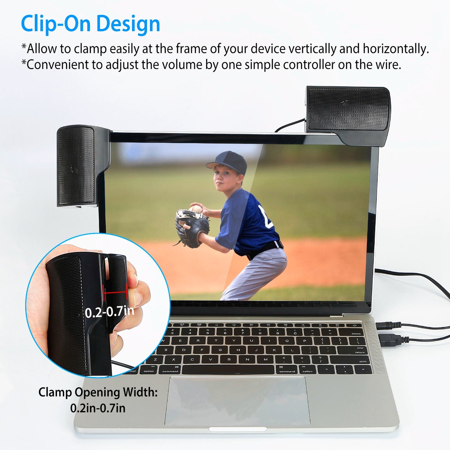 Clip-On Computer Sound Bar Portable USBÊStereo Mini Wired Speaker w/ Volume Control 3.5mm Jack For Desktop Computer Laptop Notebook PC Tablets Plug An