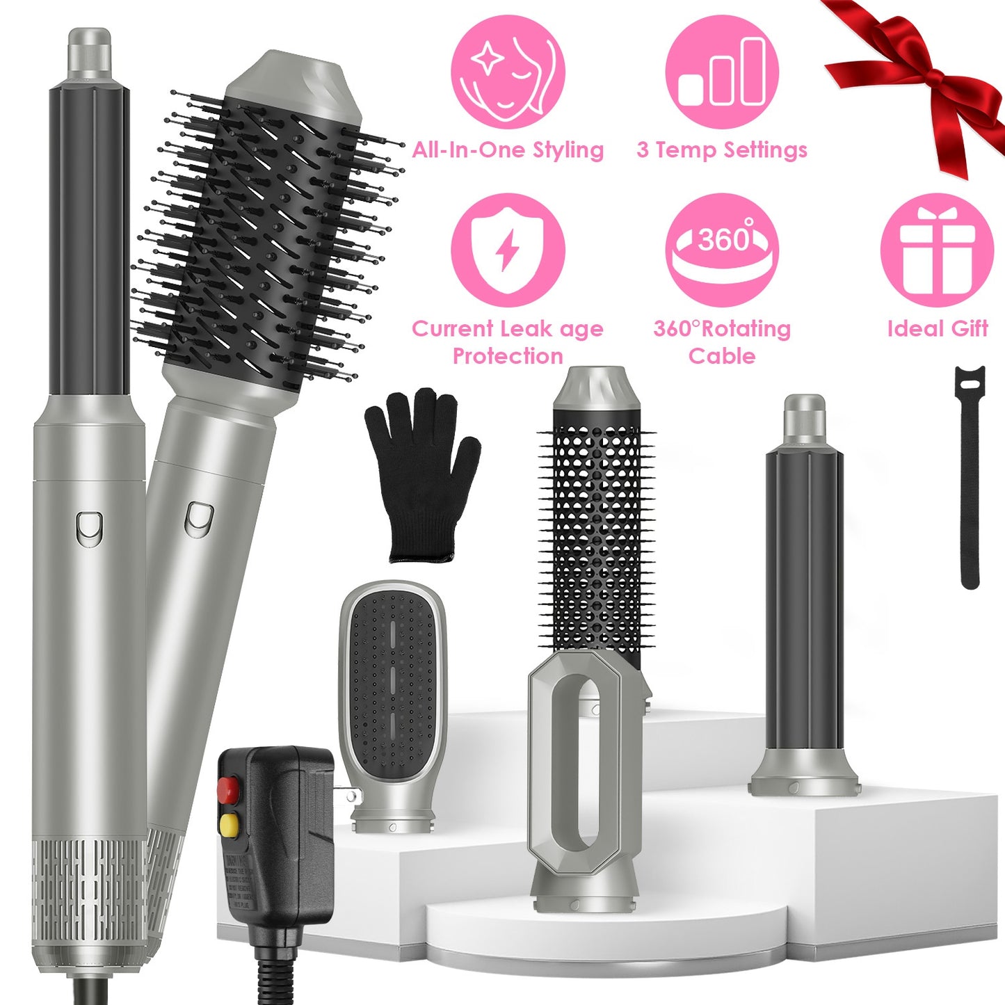 6 In 1 Hot Air Styler Volumizer Straightener Curler Dryer Automatic Wrap Styler Hair Dryer Brush Set with 3 Temp Settings ALCI Plug Glove Cable Zip Ti
