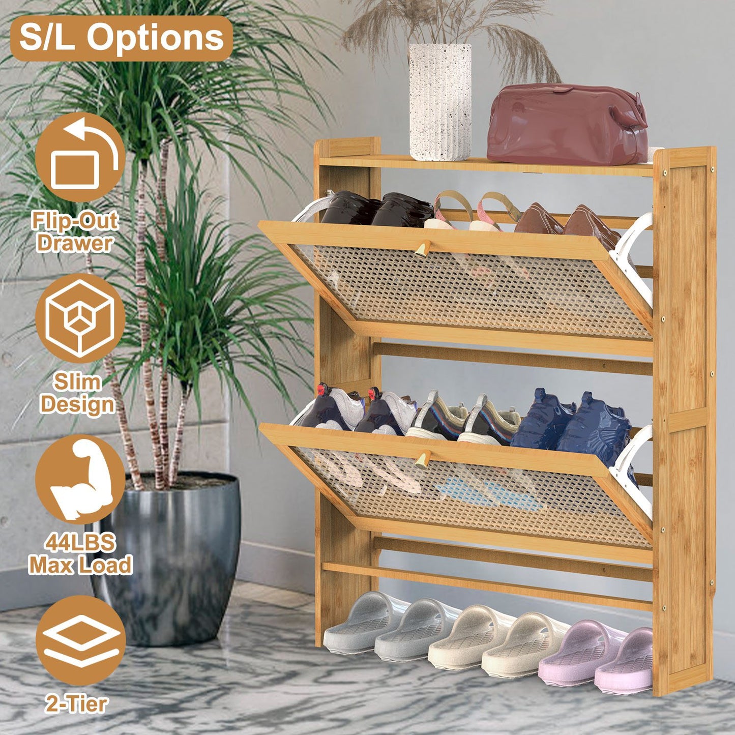 2-Tier Shoe CabinetÊwith 2 Flip Drawers Slim Bamboo Shoe Rack Freestanding Narrow Shoe Organizer with 44lbs Max Load for Entryway Hallway