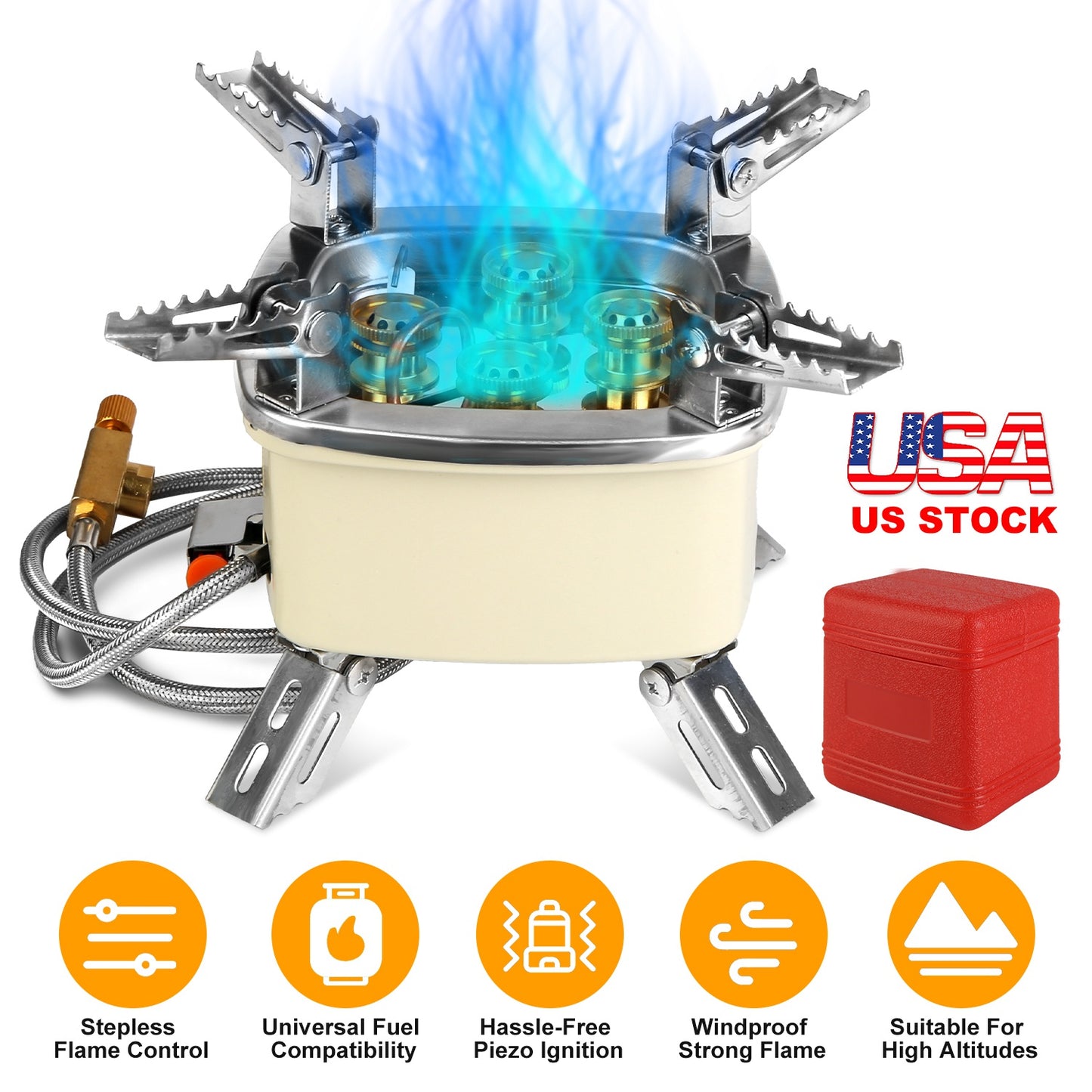 13000W Portable Windproof Camping Stove Five-head Gas Cooking Burner with Piezo Ignition Stepless Flame Control Fit For ISO-butane, Propane, Butane Fu