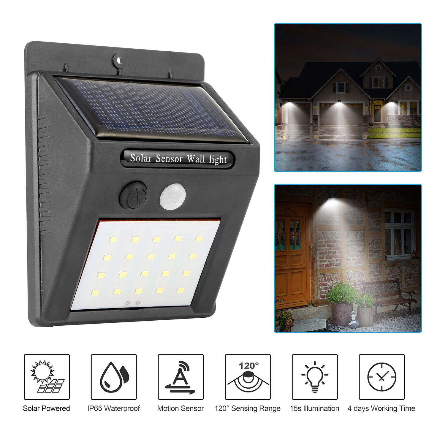 Solar Light 20 LEDs Outdoor PIR Motion Sensor Lights IP65 Waterproof 120¡ Sensing Wide Angle Lighting for Garage Front Door Garden Pathway