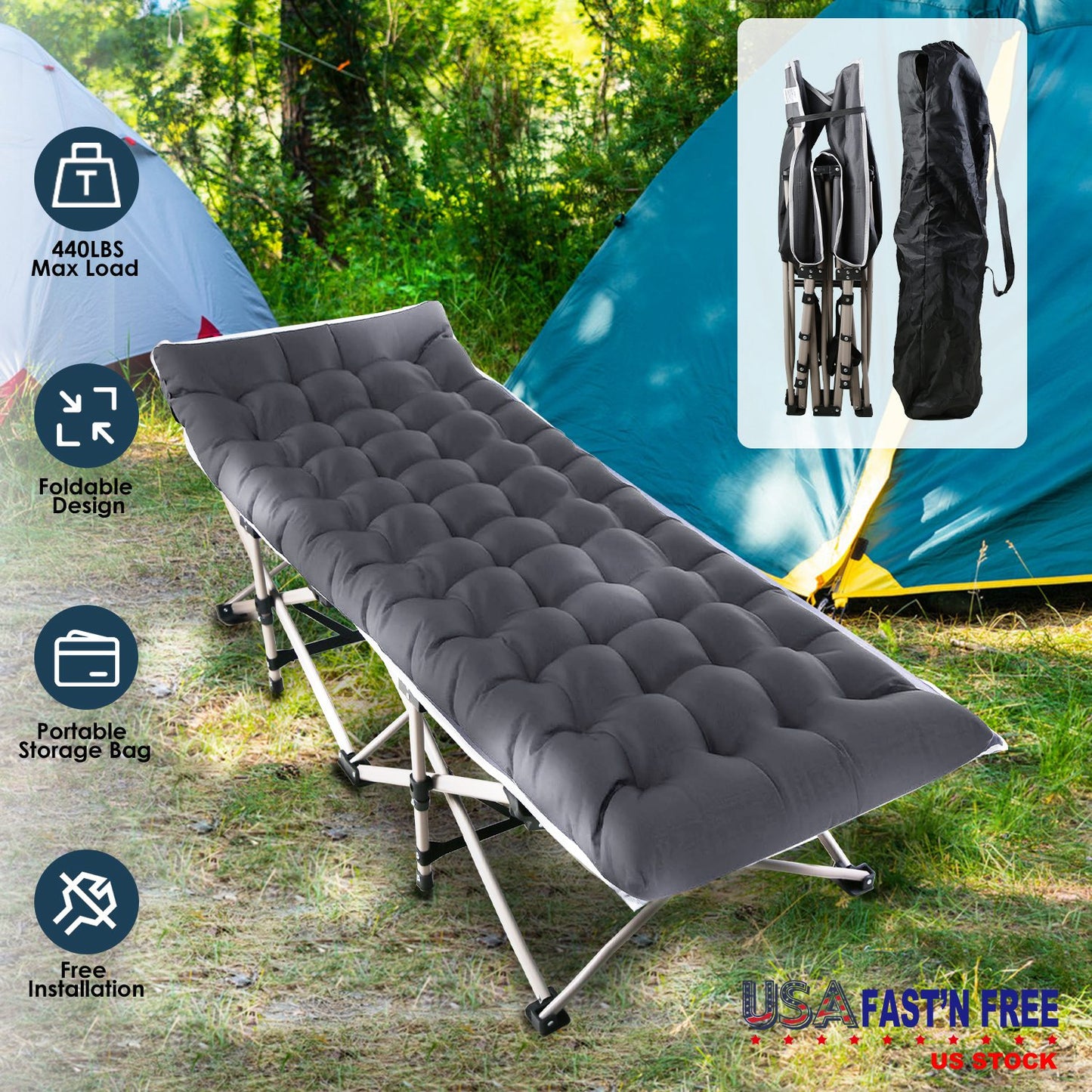 Folding Camping Cot Portable Sleeping Camping Bed Collapsible Travel Camp Cots Guest Bed Cot with 2-Sided Soft Pad 440LBS Max Load