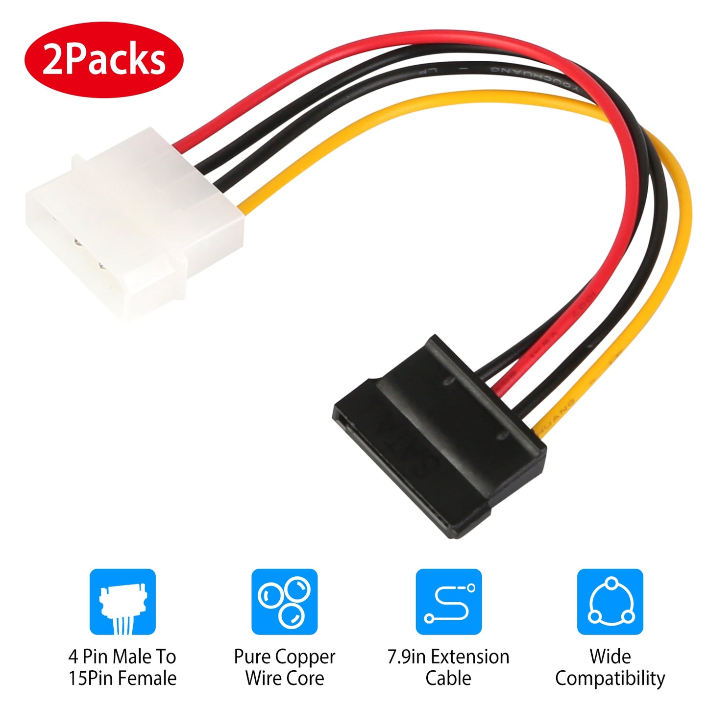2 Packs 4 Pin Male To 15Pin Female Data Cable Adapter Converter Hard Drive Cable