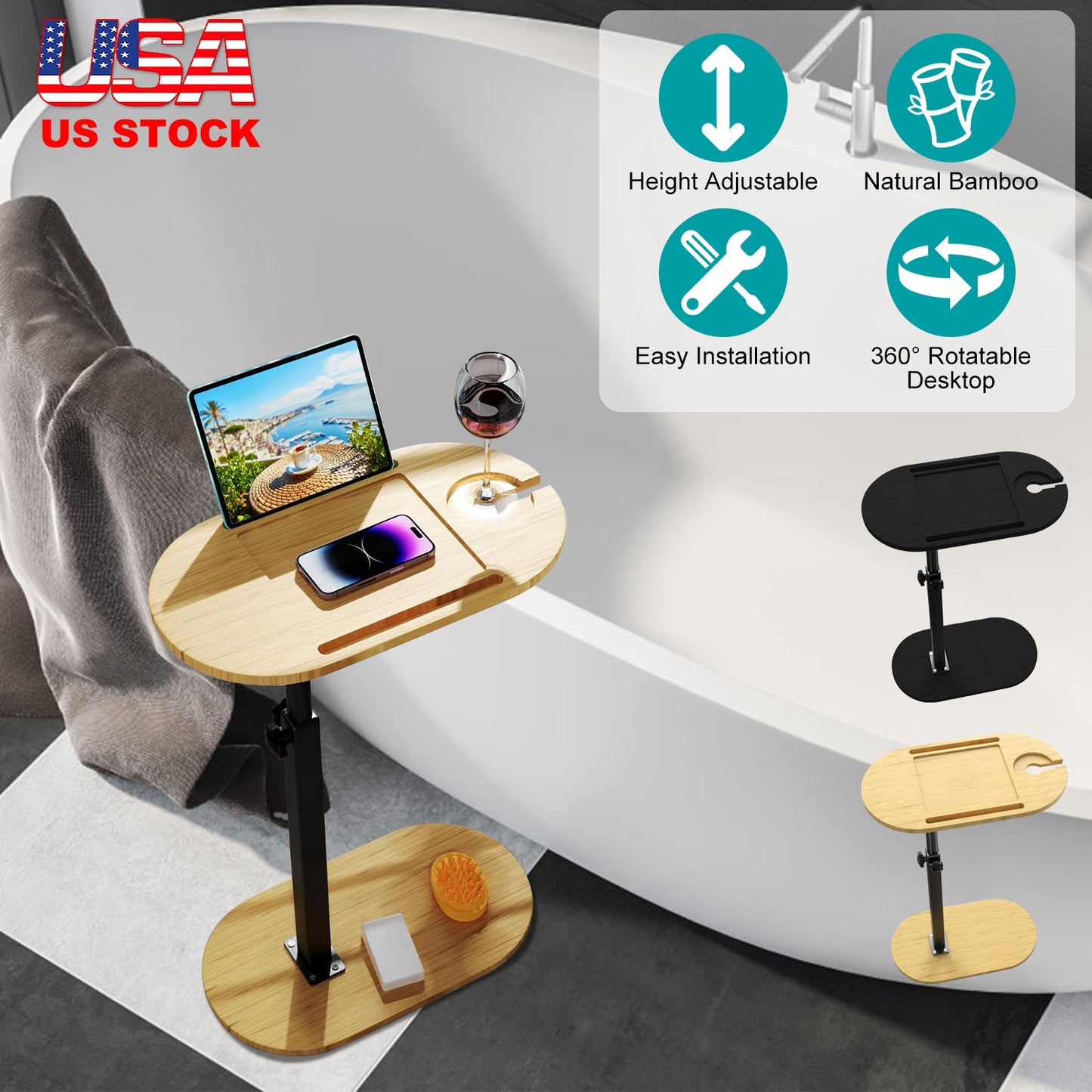 C-Shaped Bathtub Tray Table With Adjustable Height 360¡ Rotatable Desktop Freestanding Bath Caddy Against Wall Couch Bed Sofa Side Table