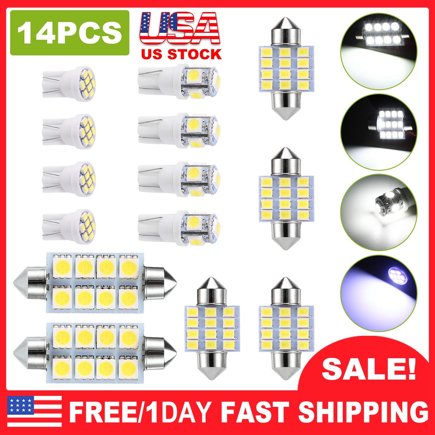 14Pcs T10 31mm 41mm Festoon LED Light Bulb Interior Dome Map LED Lights License Plate Trunk Side Positioning Lights 6000K White