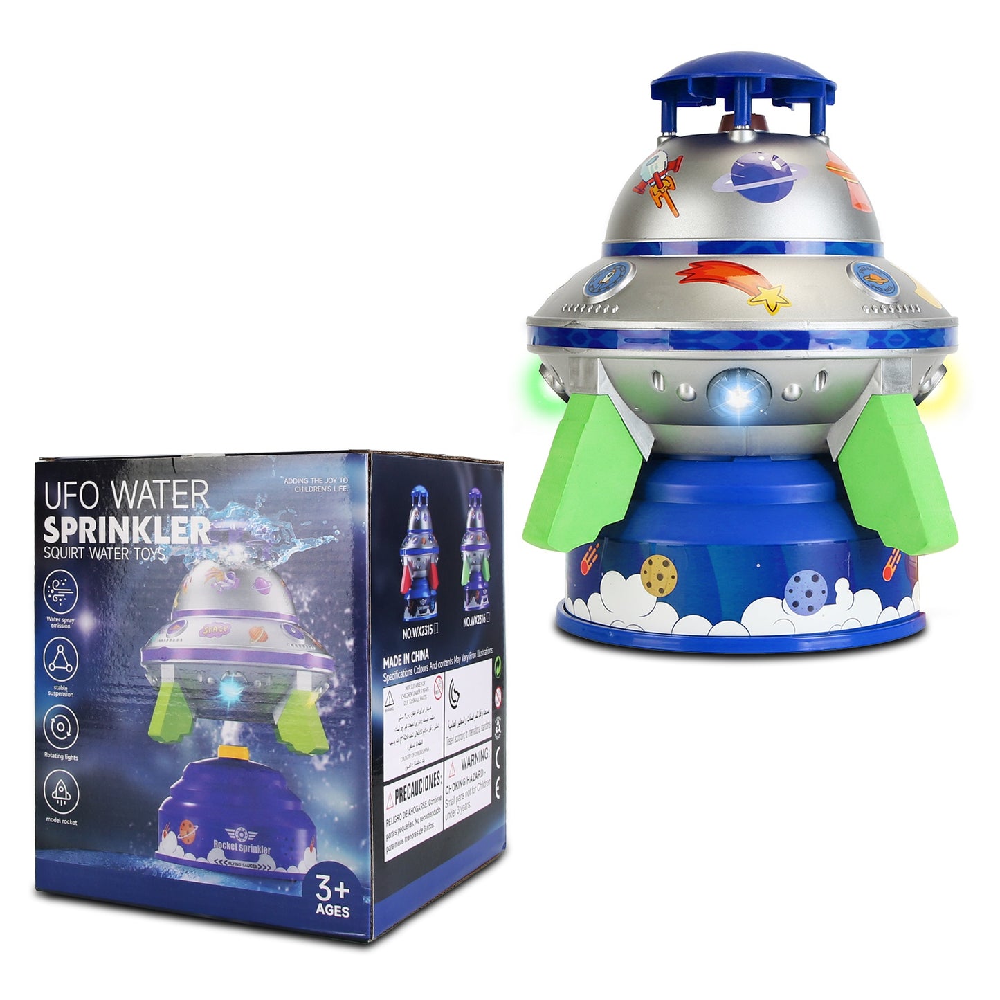 UFO Water Sprinkler Outdoor Summer Rocket Toy With Colorful LED Lights 360¡ Spinning 1.64FT To 6.56FT Adjustable Height Birthday Summer Gift For Girls