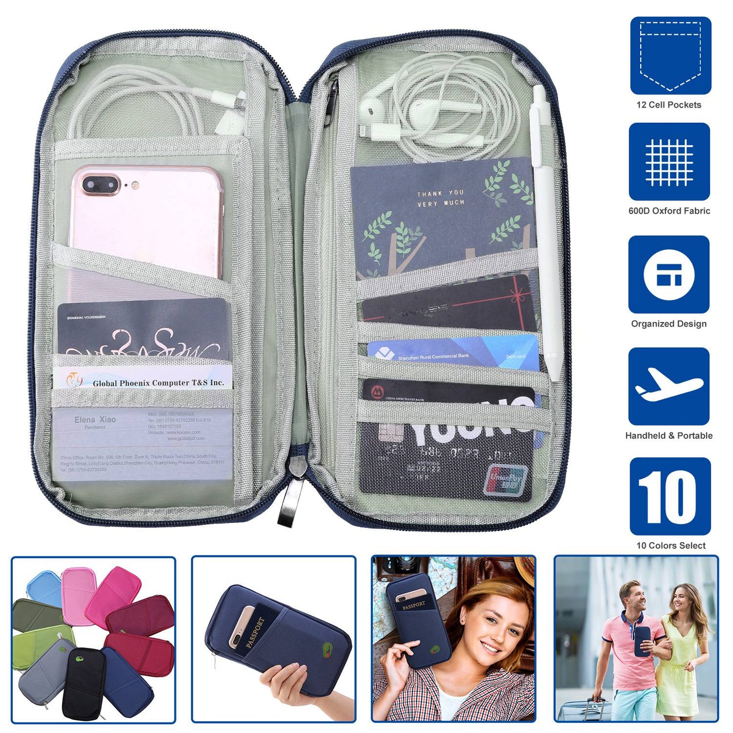 Travel Passport Wallet 12Cells Ticket ID Credit Card Holder Water Repellent Documents Phone Organizer Zipper Case Business Trip Daily Use