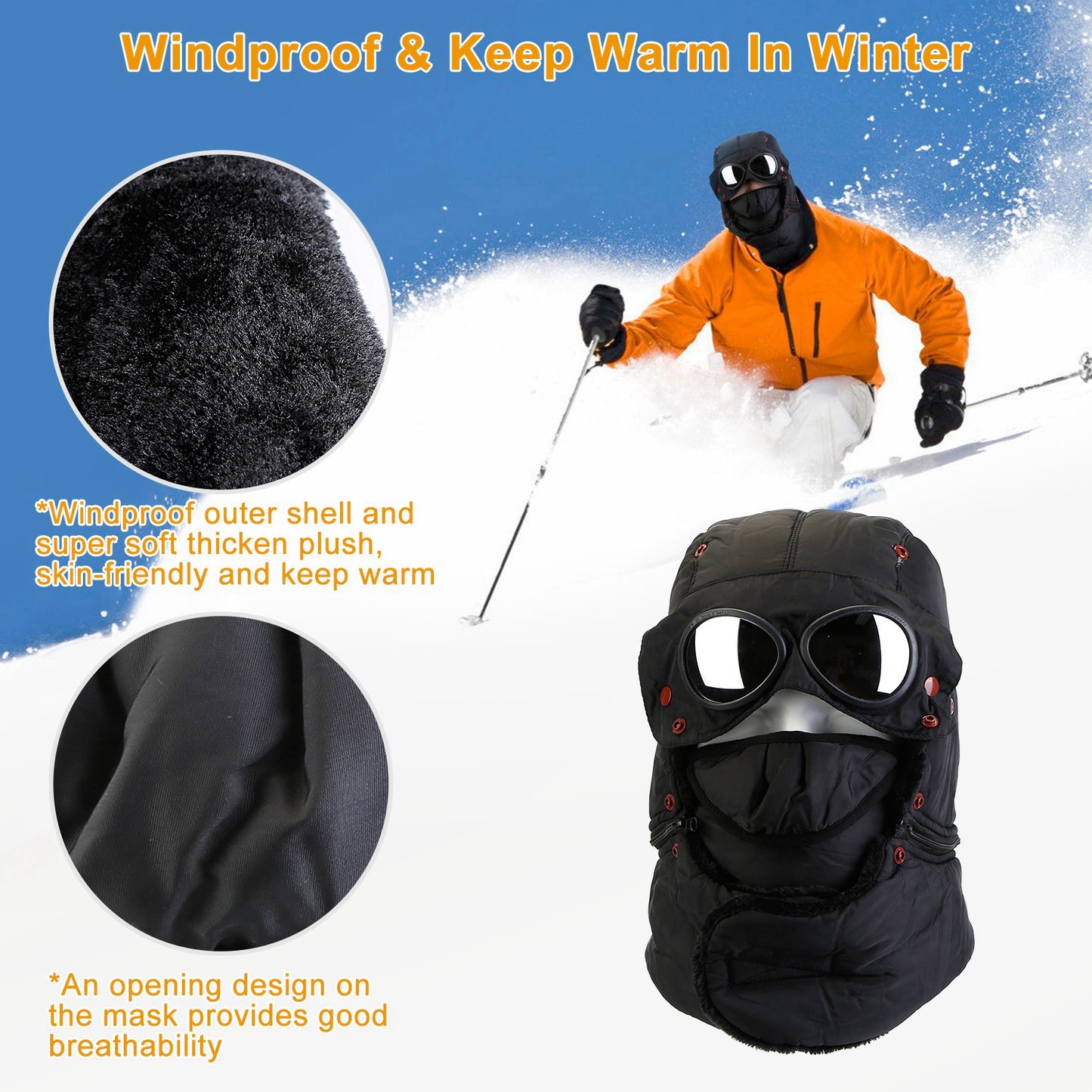 Unisex Thermal Winter Goggles Hat Warmth Trapper Trooper Cap Windproof Dustproof Breathable Hat w/ Neck Flap Detachable Face Mask For Skiing Cycling R