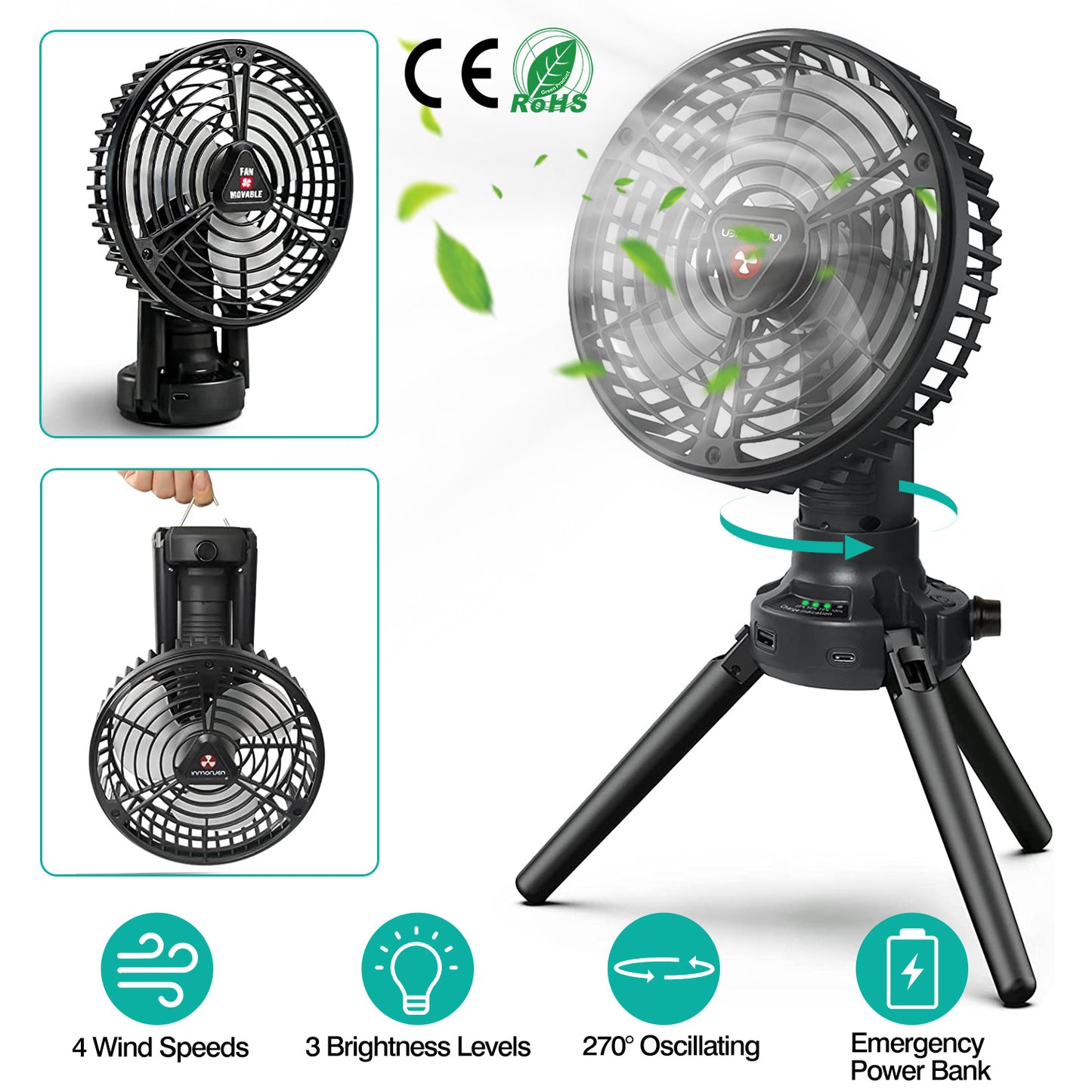 Foldable Camping Fan with Emergency Power Bank 270¡ Oscillating Rechargeable Tripod Fan for Hiking Fishing Personal Desk Fan with 4 Speeds 3 Brightnes