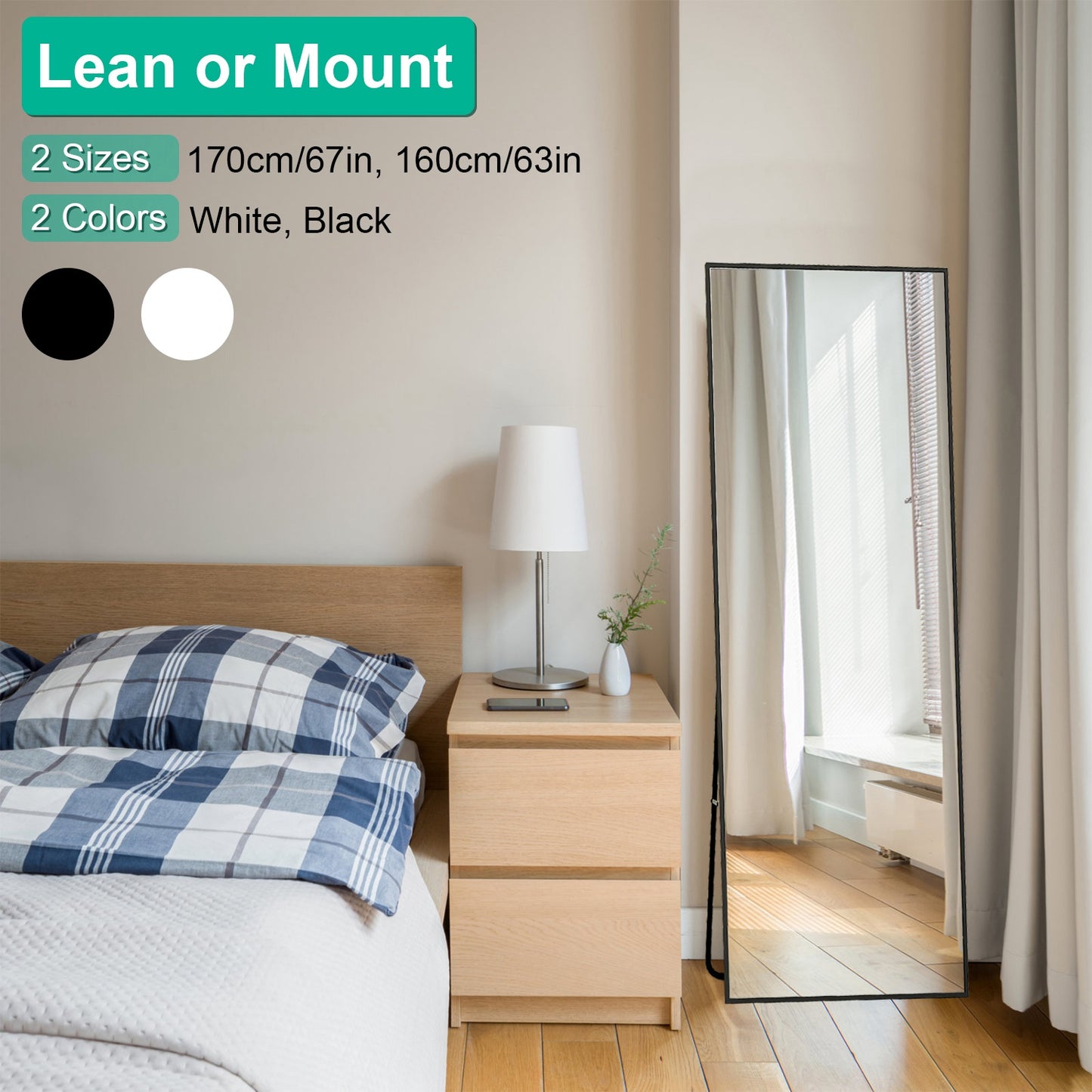 Full Length Mirror 63x18.9in Aluminum Alloy Wall Mirror Free Standing Floor Mirror Hanging Leaning Against Wall for Dressing Bedroom Living Room