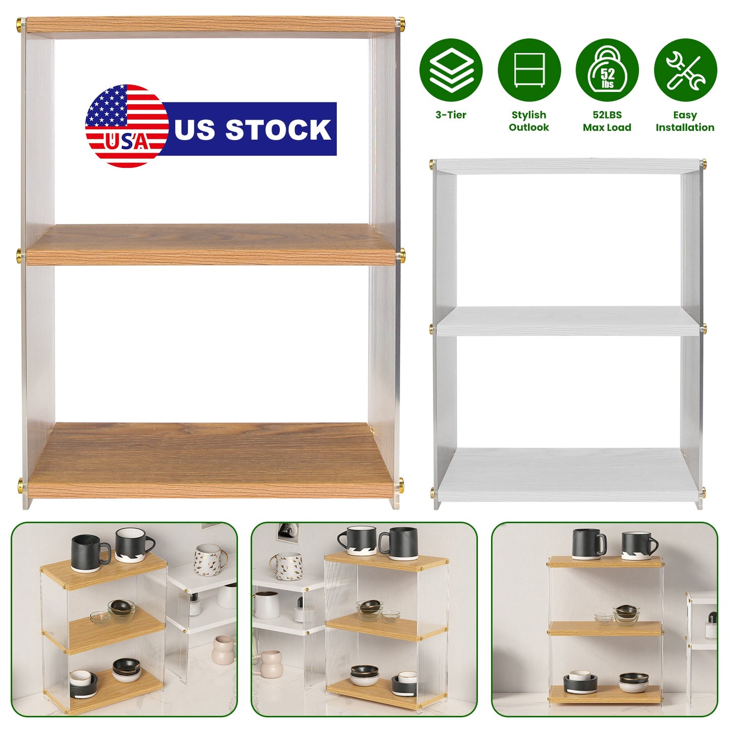 3-Tier Acrylic Countertop Organizer Bathroom Wood Counter Storage Rack Standing Vanity Cosmetics Shelf Cup Holder Desk Display Shelves