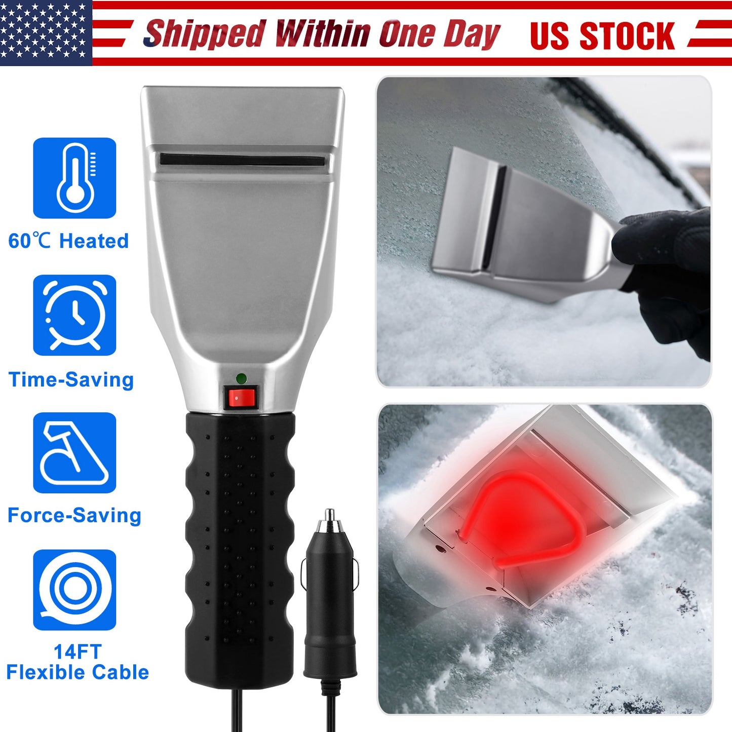 12V Car Electric Heated Ice Snow Scraper Window Ice Remover w/Squeegee 14FT Cable