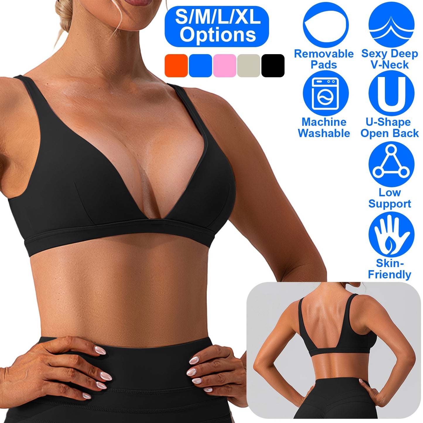 Women Deep V-Neck Sports Bras U-Shaped Back Sport Bras Padded StrappyÊCrop Open Back Low Impact Bras SexyÊFitnessÊTank Tops with Removable Pads for Gy