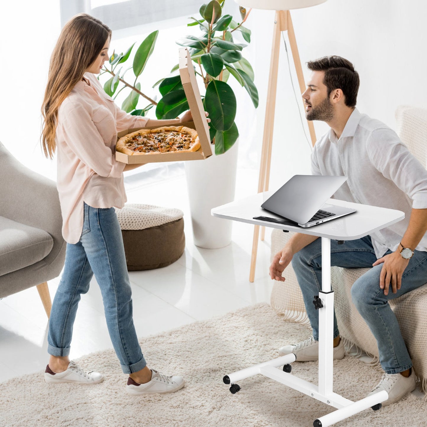 Rolling Laptop Table Portable Computer Desk Movable Table with Adjustable Height Tilting Angle