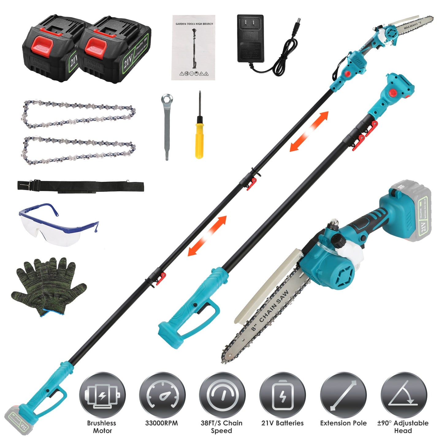 2-IN-1 Cordless Pole Saw And Mini Chainsaw With Extension Pole 21V Battery 8Ó Electric Brushless Pole Chainsaw with Auto Oiler Safety Switch 6.4LBS Li
