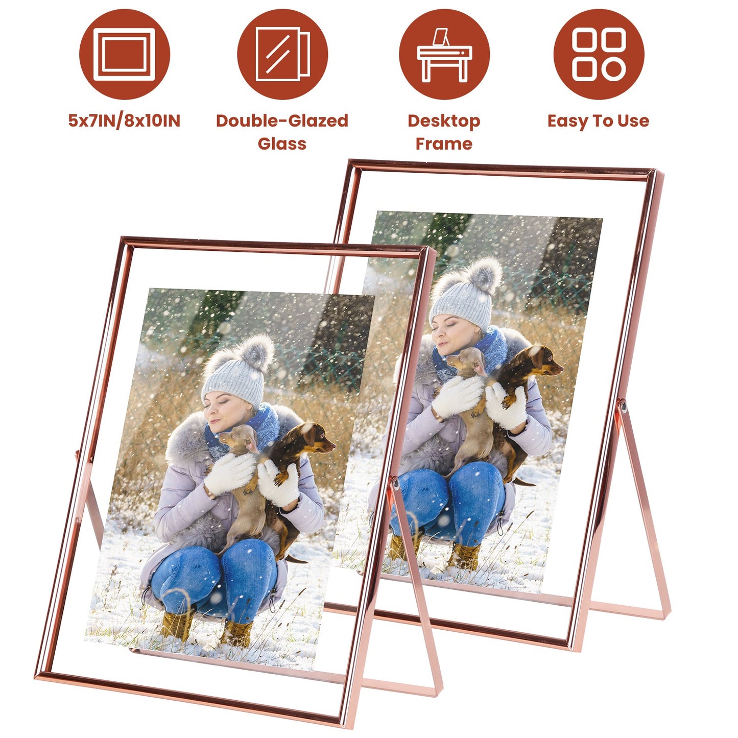 2Pcs Standing Rose Gold Metal Picture Frames 5x7IN 8x10IN Vertical Tabletop Floating Photo Frame Double-Glazed Glass Pressed Flower Frame for Home Dec