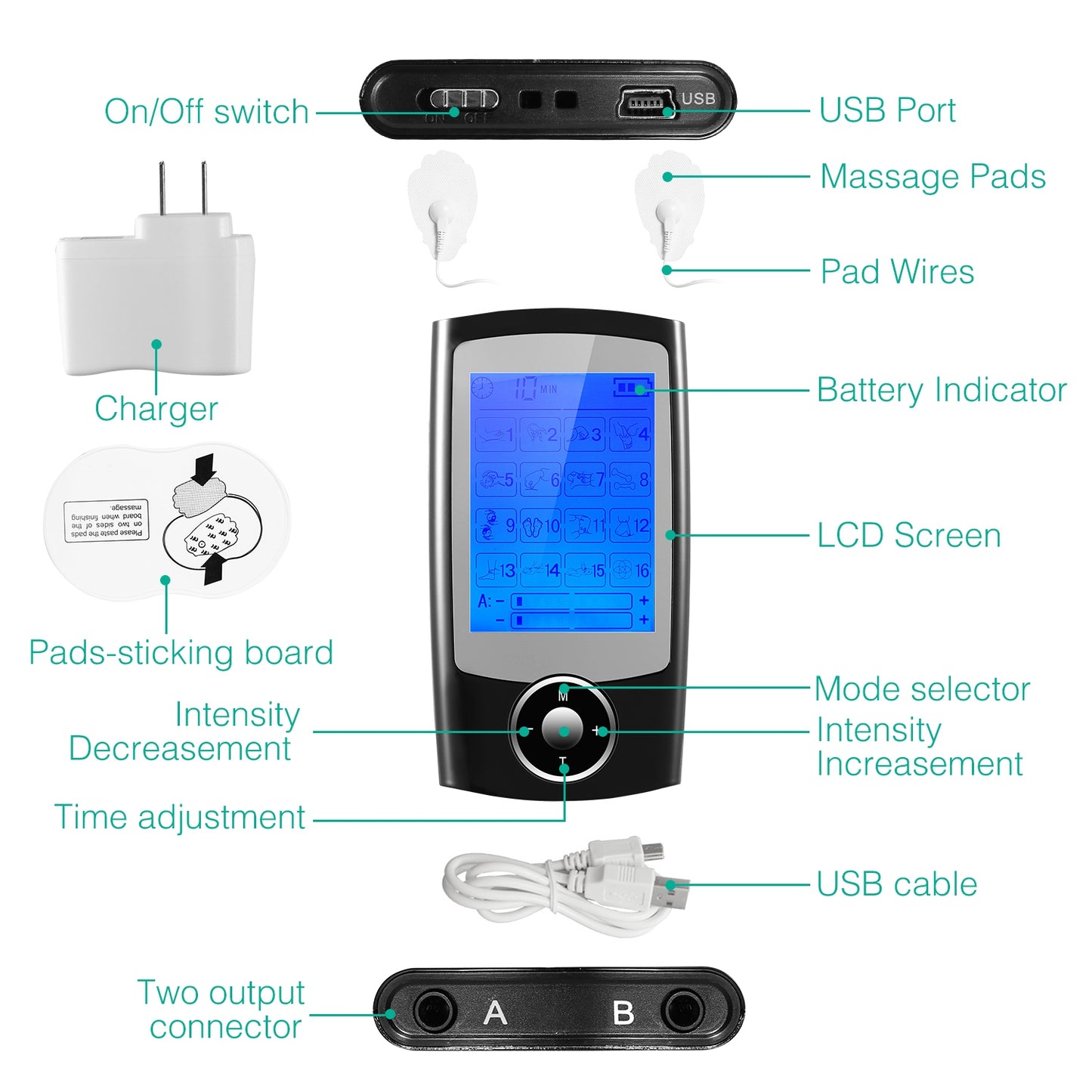 Rechargeable Tens Unit Machine Impulse Massager 16 Modes Pain Relief Body Massager Machine Muscle Stimulator w/ 2 Outputs and 6hrs Working For Relief