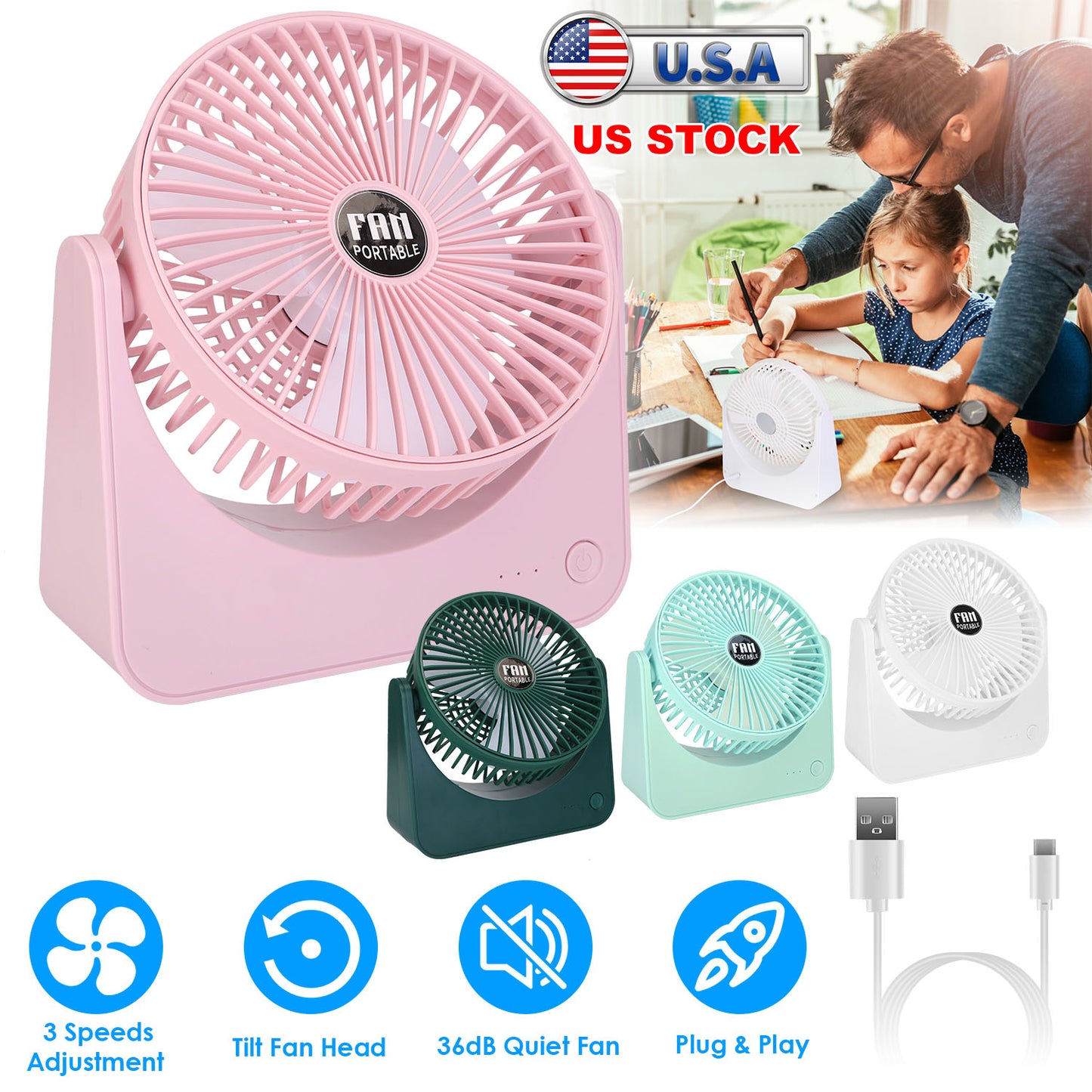 6.5in Desk Fan USB Powered 3 Speeds Table Cooling Fan Tilt Quiet Desktop Fan for Bedroom Office