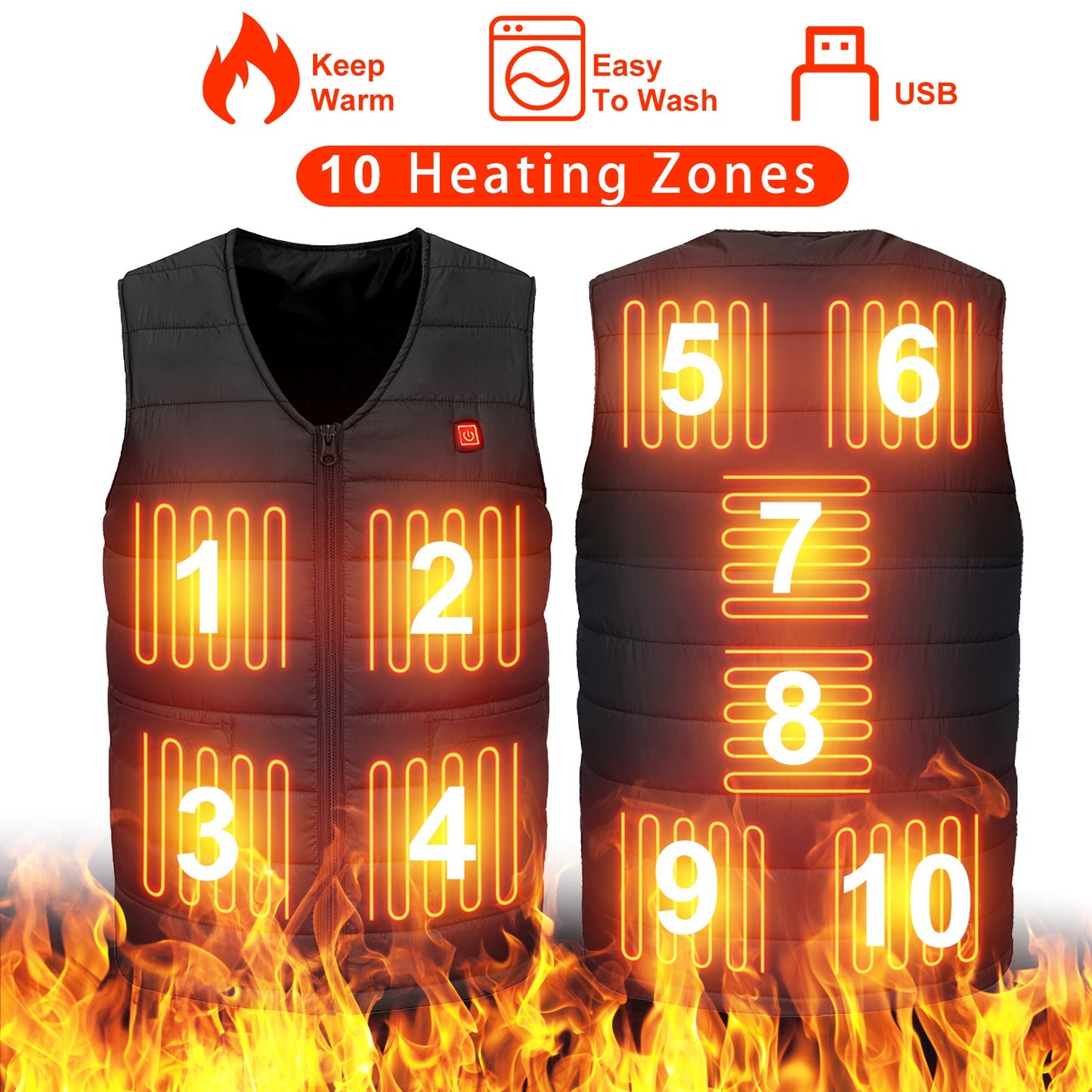 Heat Jacket Vest 3 Heating Gear Adjustable USB Heated Vest Warm Heat Coat Vest with 10 Heating Pads For Men Women Winter Outdoor Activity