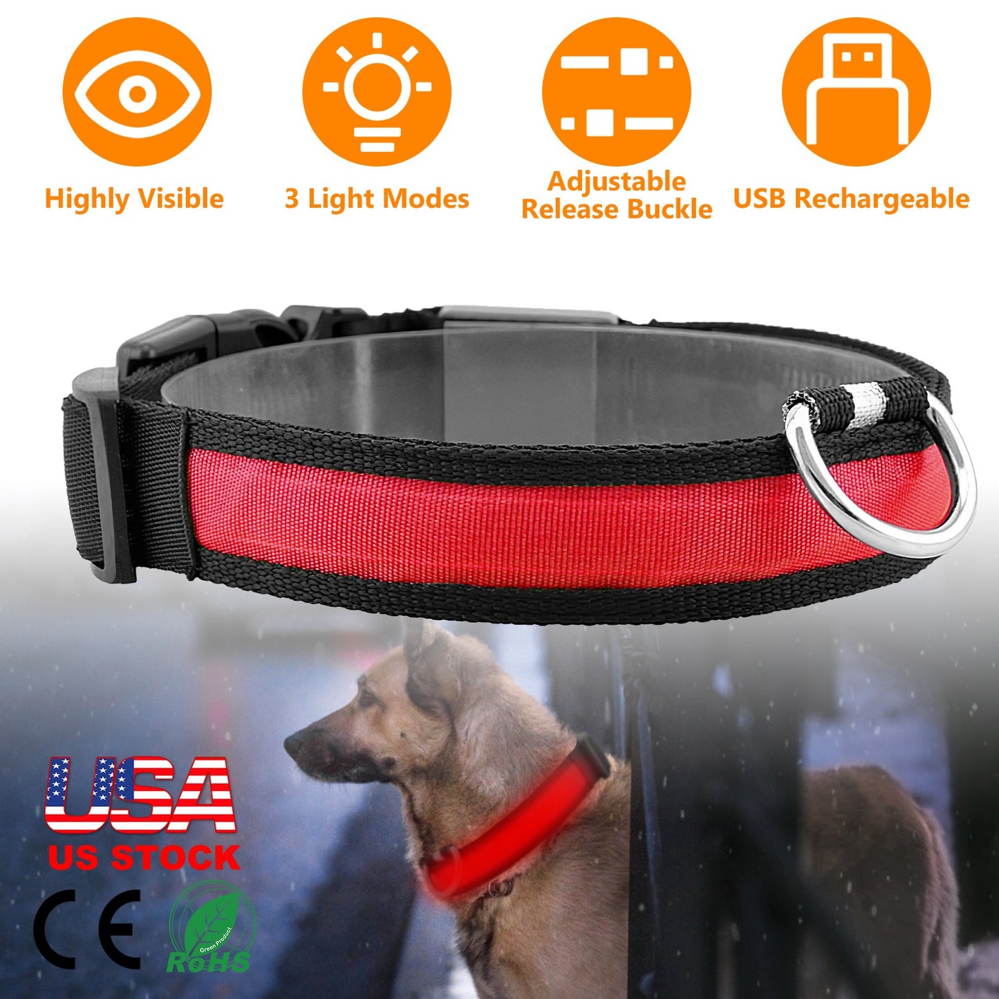 LED Dog Collar USB Rechargeable Adjustable Dog Safety Collar Night Safety Flashing Luminous Light up Collar