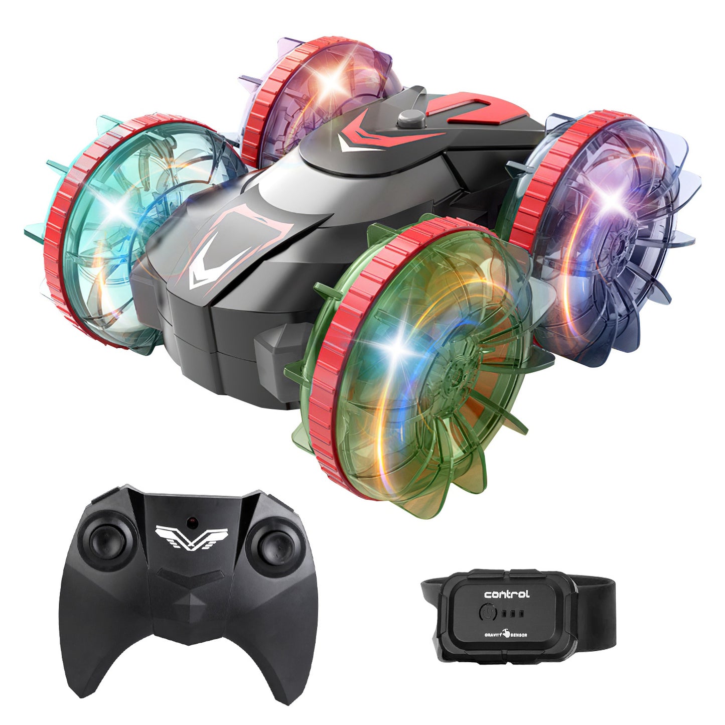 2 In 1 Amphibious RC Car Waterproof Stunt Car with Wrist Controller 4WD 360¡ Rotating Gesture Car with RGB Lights for Kids Aged 6+ Years Old Double-si
