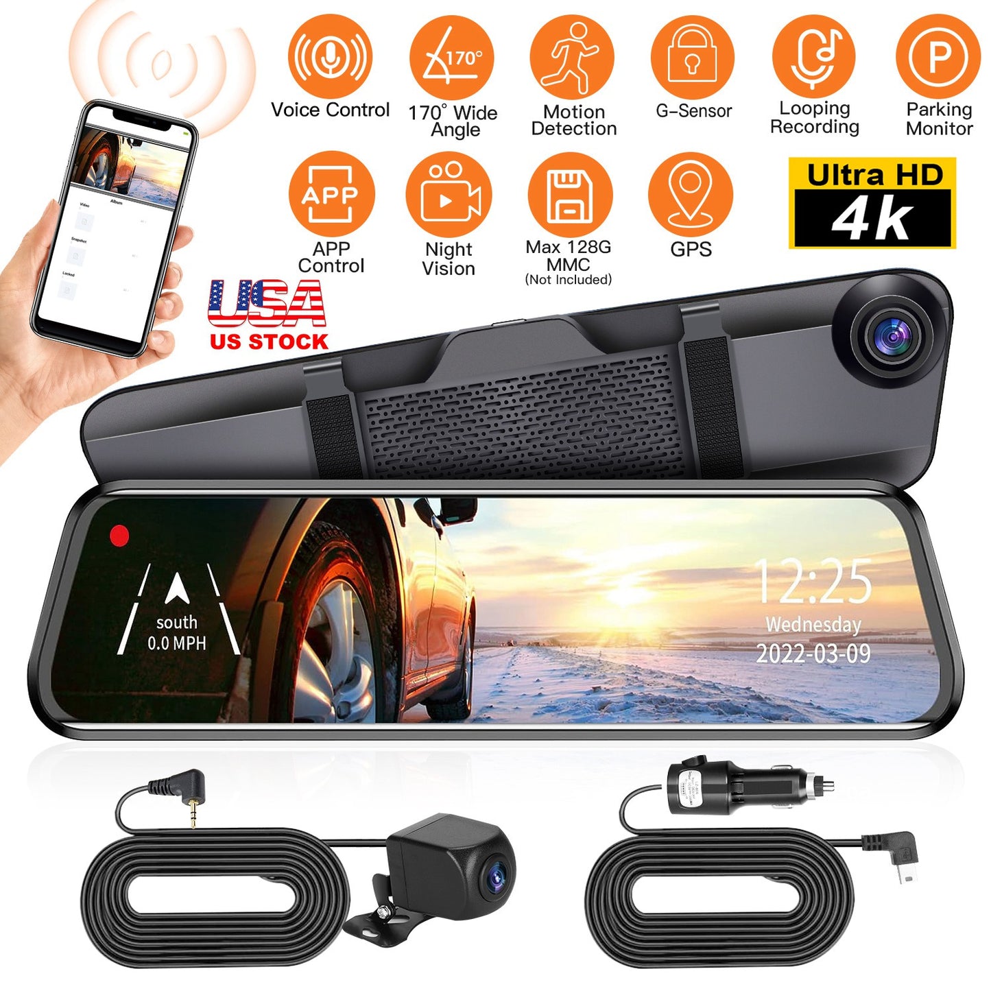 4K Car DVR 12in Dash Cam Camcorder Camera Recorder with 170¡ Angle Loop Recording Motion Detection Night Vision Voice Control APP Control G-sensor