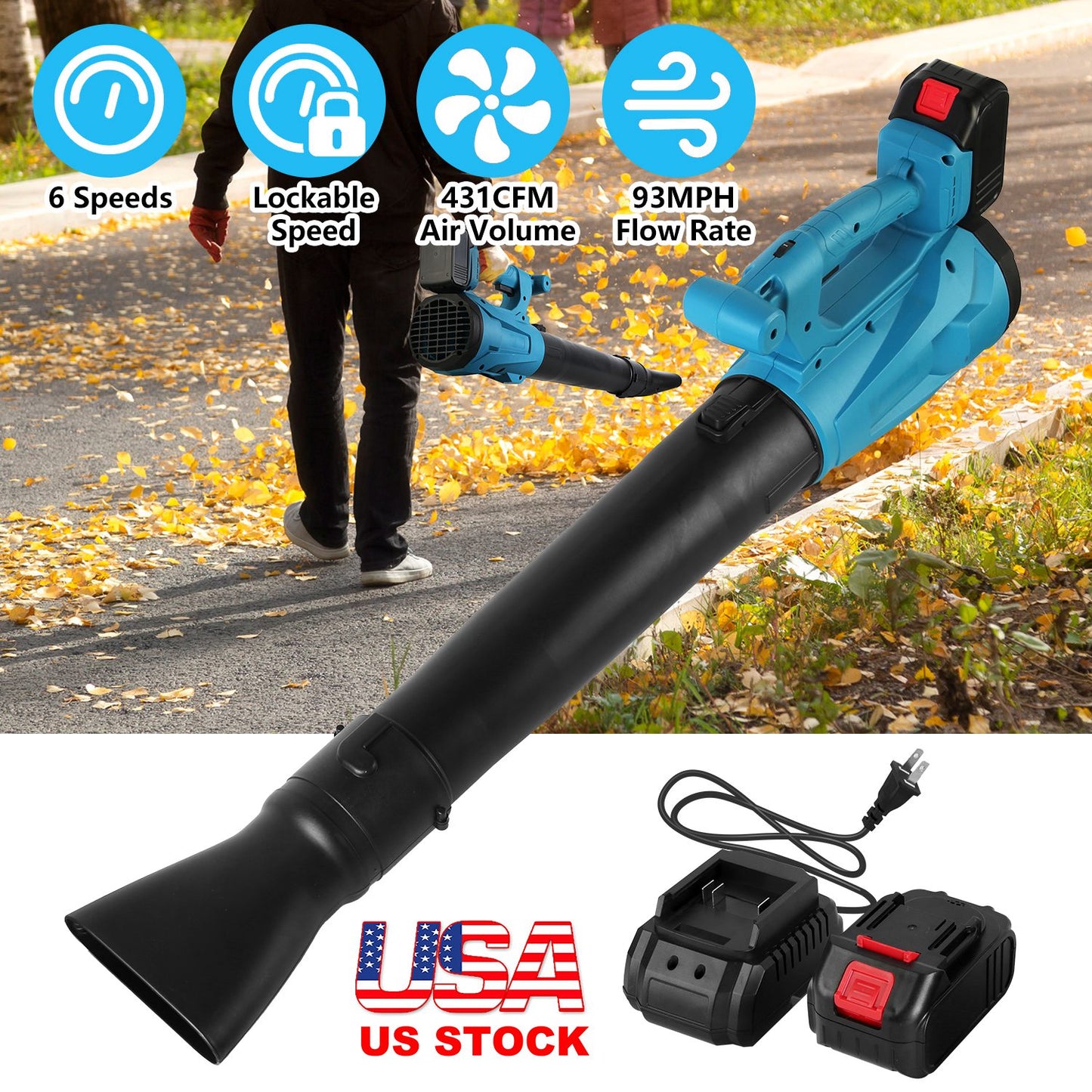 Cordless Leaf Blower 93MPH 431CFM Battery Powered Leaf Blower with 6 Variable Speeds 2 Rechargeable Batteries for Yard Patio Driveway