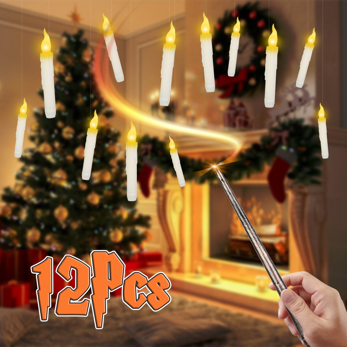 12Pcs Flameless Floating Candles LED Magic Hanging Candle Light Battery Operated Flickering Warm Light Window Candle With Magic Wand Remote for Hallow