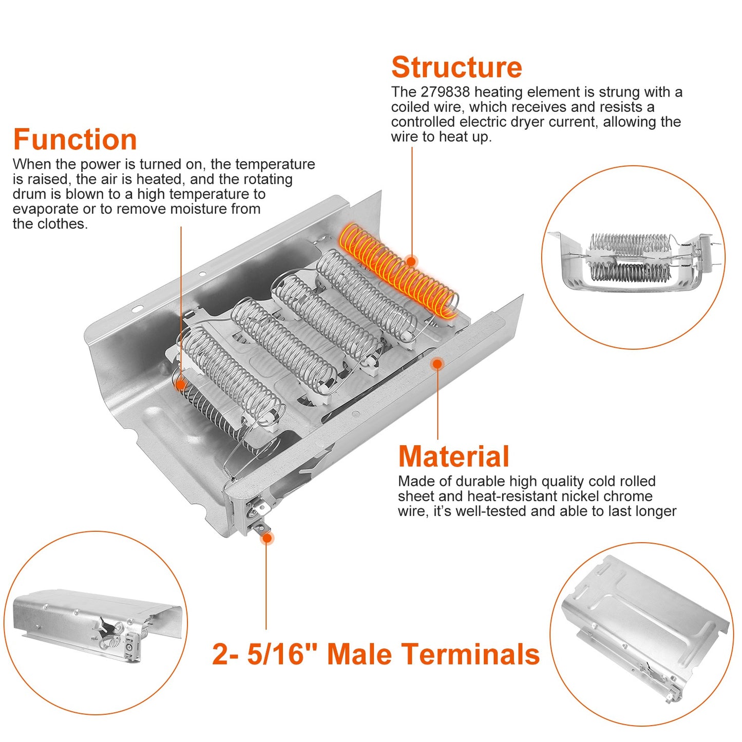 279838 Dryer Heating Element Assembly Replacement Part Thermal Fuse Replacement Fit For Whirlpool Kenmore Clothes Dryers Replace 3398064/3403585/85655