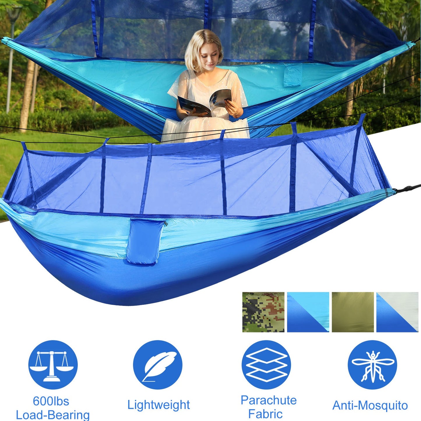 600lbs Load 2 Persons Hammock w/Mosquito Net Outdoor Hiking Camping Hommock Portable Nylon Swing Hanging Bed w/ Strap Hook Carry Bag