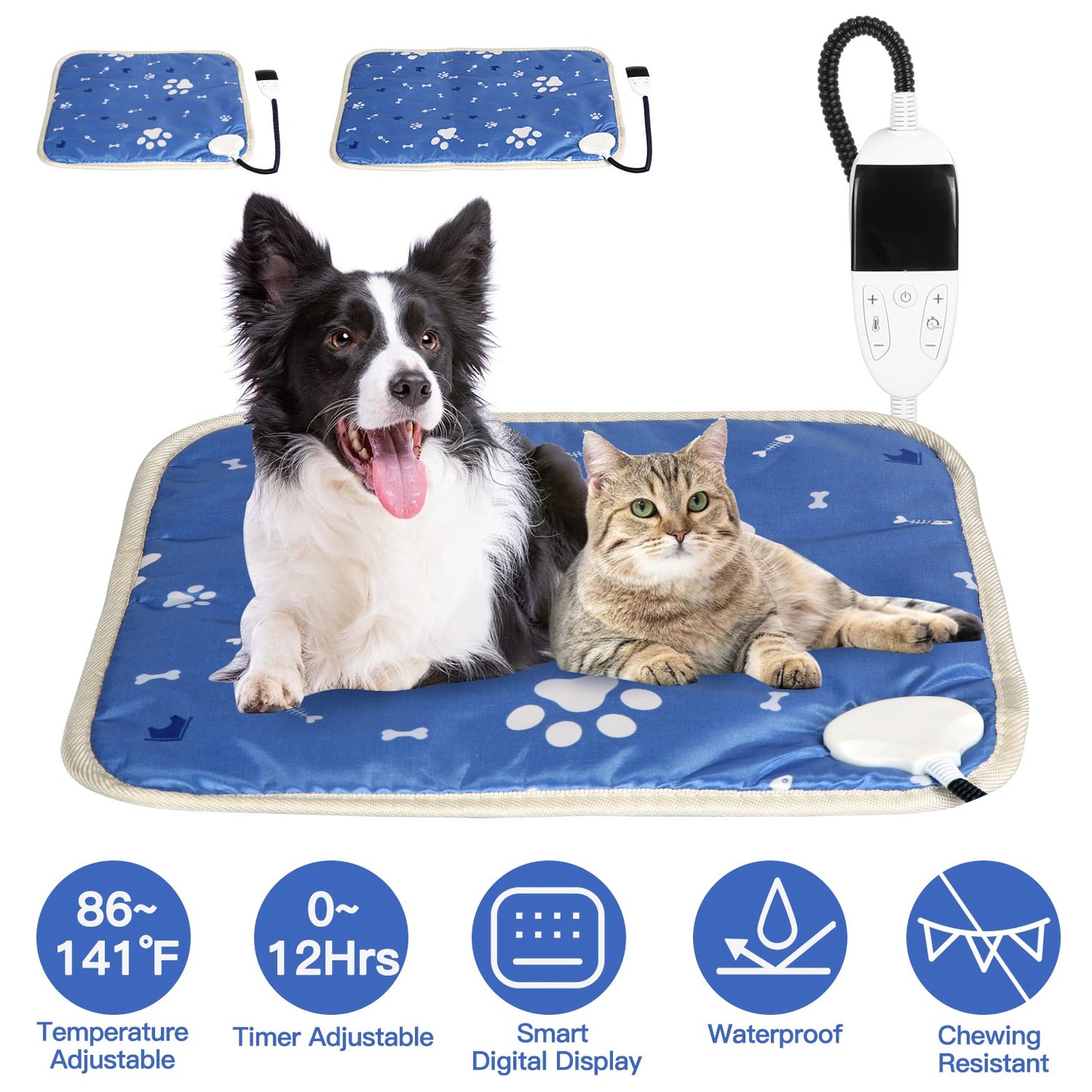 Pet Heating Pad Electric Dog Cat Heating Mat Waterproof Warming Blanket with 86-141 Adjustable Temperature 0-12 Timer Digital Display Chewing-resista