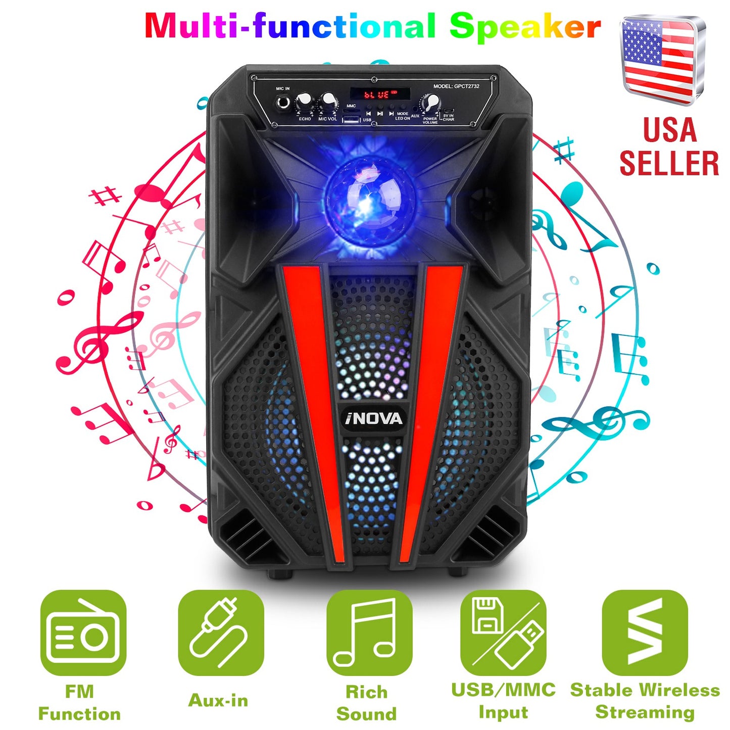 8Ó Wireless Party Speaker Subwoofer Bass Portable TWS Party Speaker w/ Microphone Support FM Radio Remote Control MMC Car Slot LED Colorful Lights