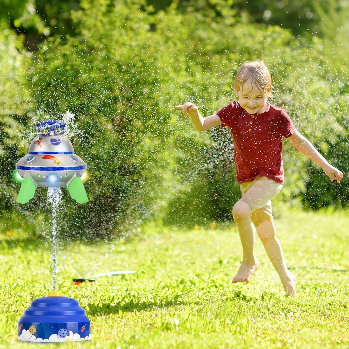 UFO Water Sprinkler Outdoor Summer Rocket Toy With Colorful LED Lights 360¡ Spinning 1.64FT To 6.56FT Adjustable Height Birthday Summer Gift For Girls