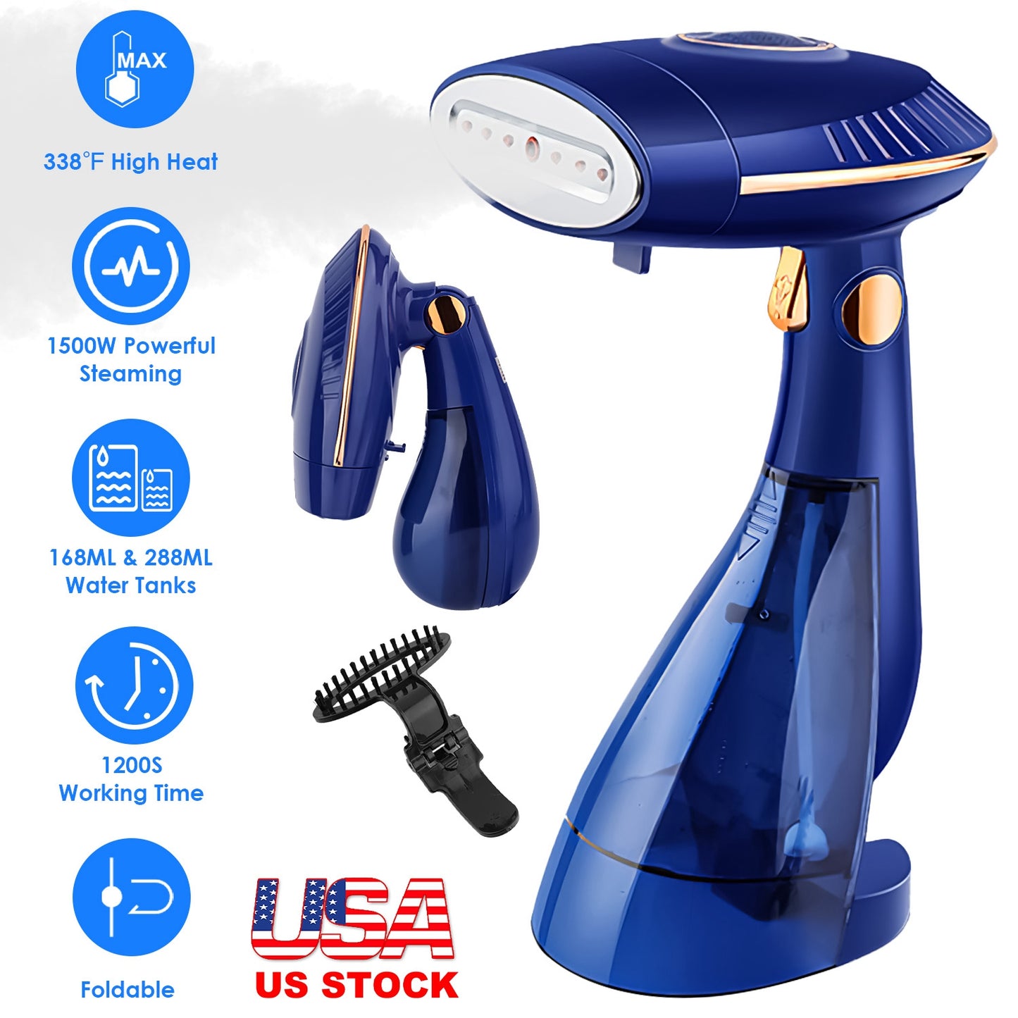 1500W 2 In 1 Foldable Garment Steamer Handheld Fabric Wrinkle Remover with 168ML & 288ML Water Tanks For Flat Hanging Ironing