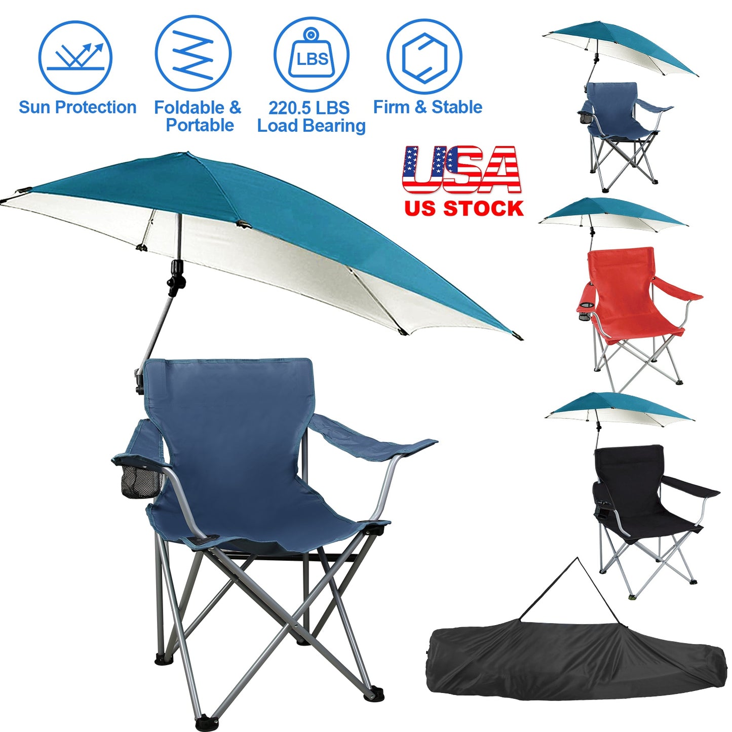 Foldable Beach Chair with Detachable Umbrella Armrest Adjustable Canopy Stool with Cup Holder Carry Bag for Camping Poolside Travel Picnic Lawn Chair