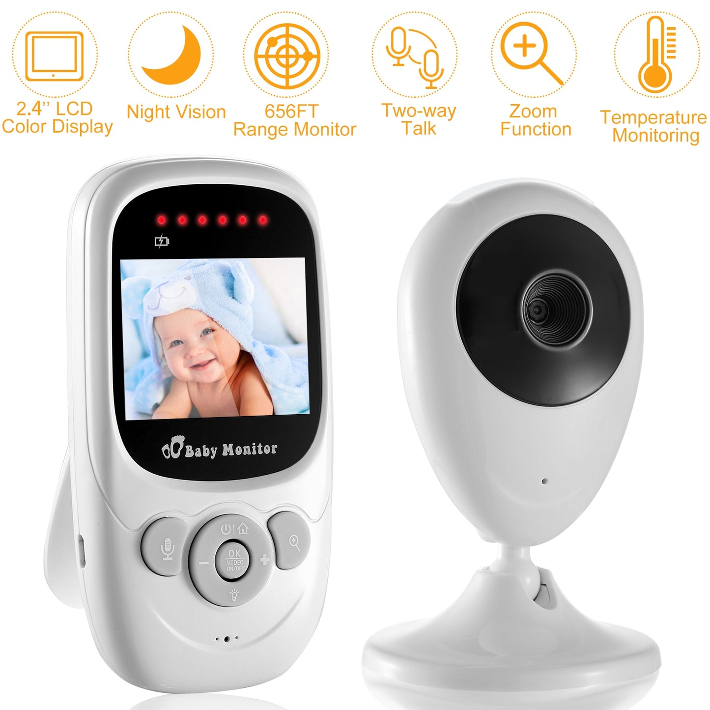 656FT Video Baby Monitor w/ Digital Camera Infrared Night Vision 2.4ÕÕ LCD Two-way Talk Zoom Function 2.4GHz Wireless Transmission Temperature Monitor
