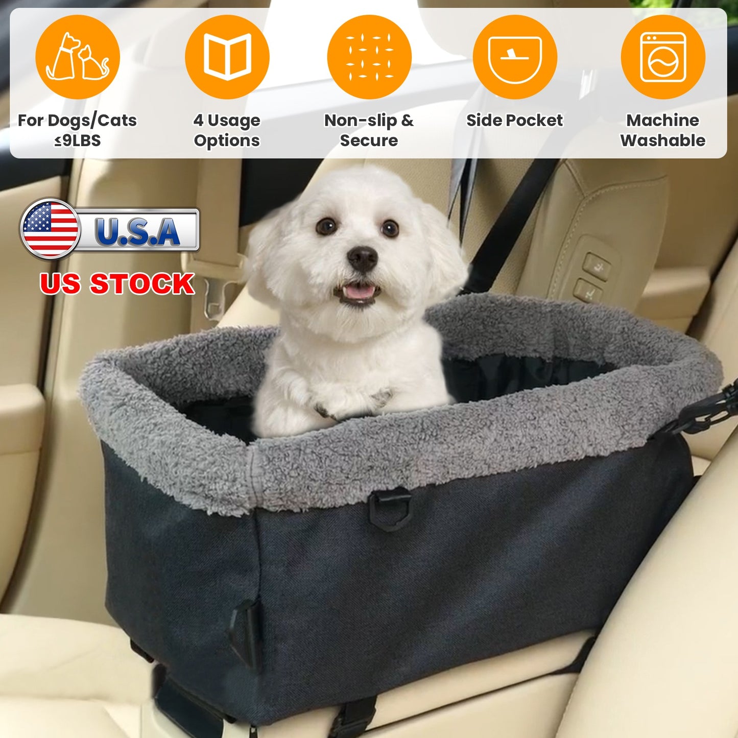 Small Dog Car Seat with Harness Center Console Pet Booster Seat Travel Car Seat with Side Pocket Cotton Velvet Cushion for Dogs Cats Up to 9LBS
